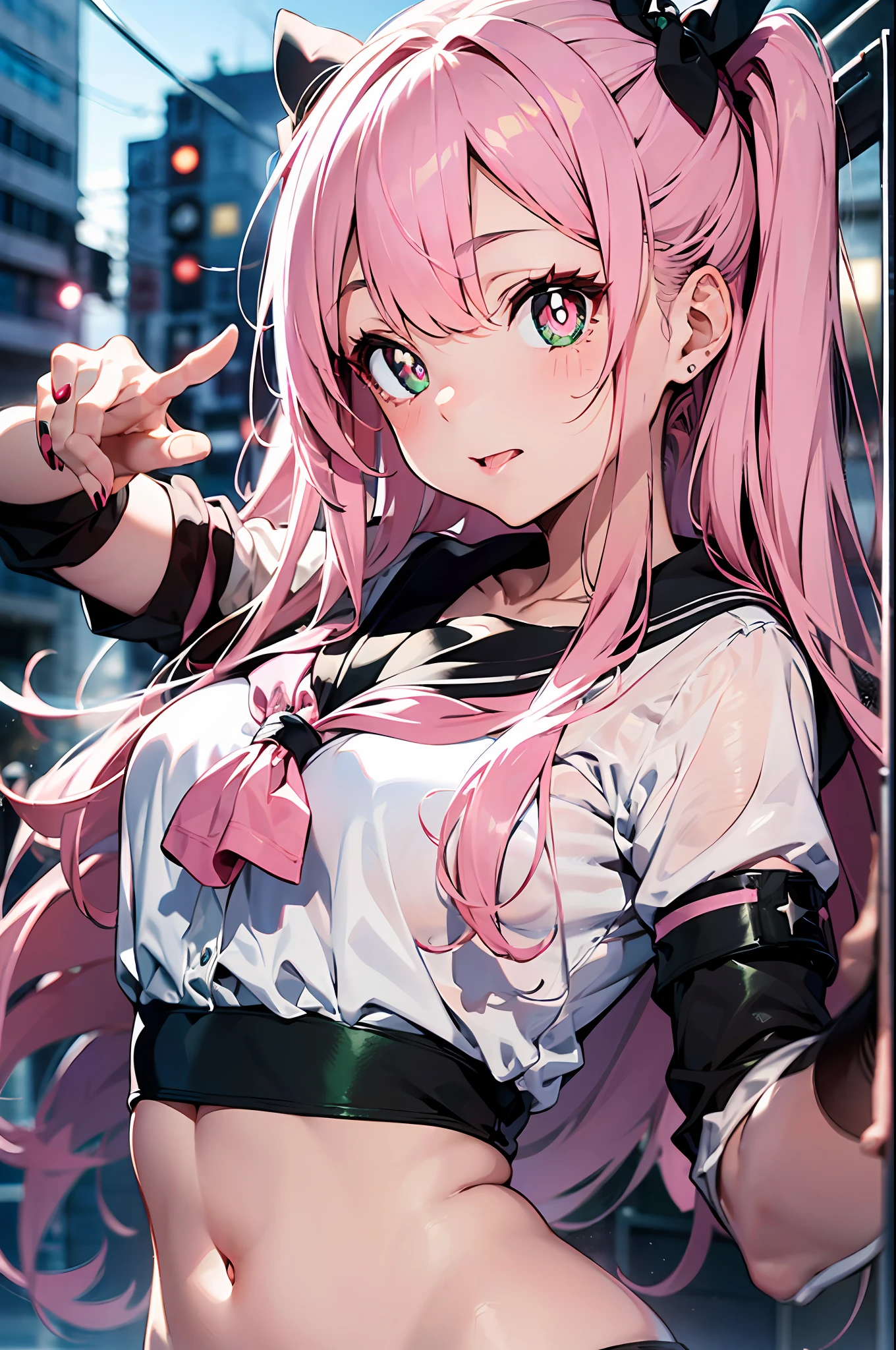 (Stick out your tongue)(index finger on cheek)(((masutepiece))),((ultra-detailliert,Best Quality)),fullllbody,Fulll body Shot.((Pink hair, Long hair,Straight hair,two side up)) (Green eyes),eyeshadows, eye line,gloweyes, ultradetailed eyes, intricate eyes, Beautiful eyes, ((Glowing pink pupils))18-year-old girl.a sailor suit.Bruise Pose