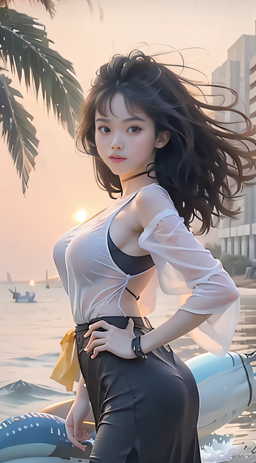 art by Cornflower,dream magical,(an beautiful,Teens,Kizi,Blue eyes and long black hair,Dressed in pale yellow,Shiny,longer sleeves,Bare chest,Long skirt swimsuit,Pink big breasts,white and yellow,The heart poses on it,both hands on hip,In front of the beach and bright blue sky,There are clouds inside,Palm trees are in the background on both sides of the picture, And there are a lot of blue and yellow fish swimming in the sea,There is also a police helicopter,There were lights flying over the girl)