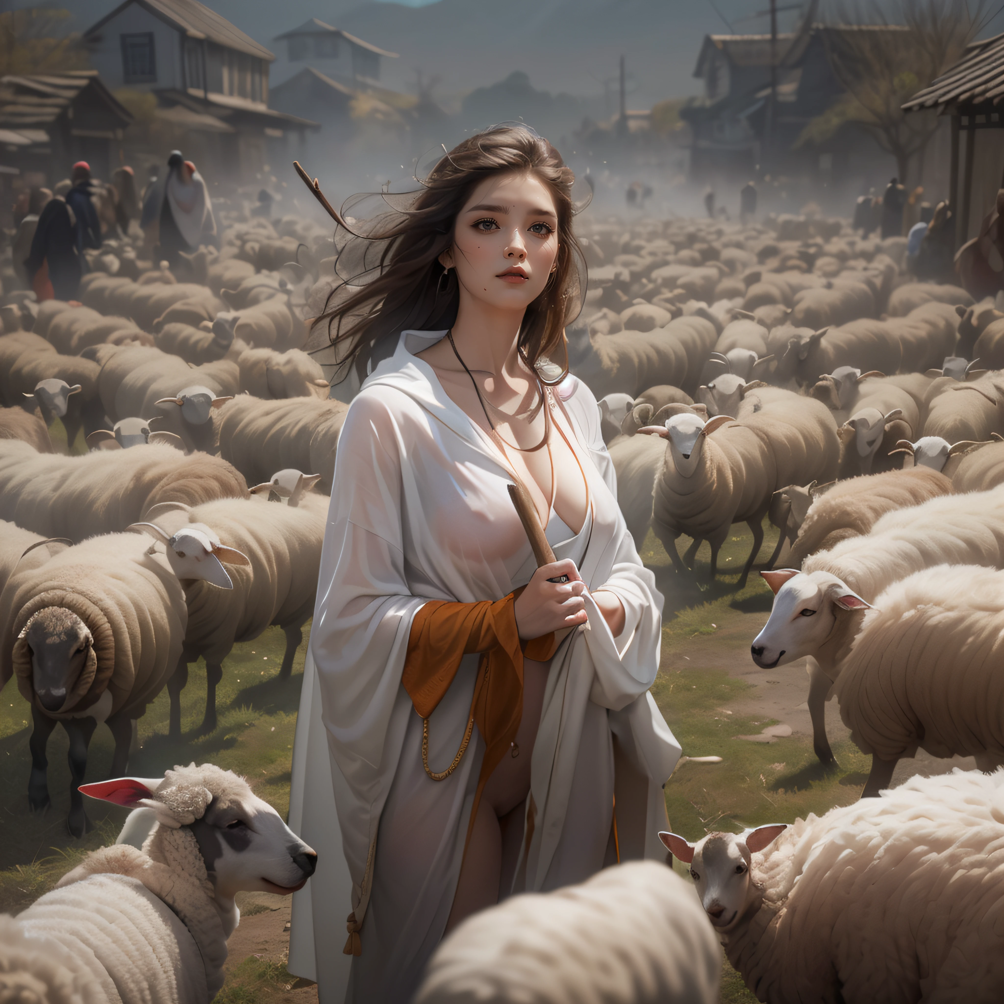 man and woman are talking in market, man, muslim man, man, shepherd holding a stick, wandering, sheep, sheep, sheep,sheep,sheep,sheep,sheep, many sheep and dogs and birds, blood, dirty clothes, shepherd holding a stick, wandering, sheep, sheep, sheep,sheep,sheep,sheep,sheep, many sheep and dogs and birds, blood, dirty clothes, ((best quality)), ((masterpiece)), ((realistic)), (detailed), reflective luminous white:1.5, texture glossy orange:1.3, sexy, lots of glow neon mushrooms, mandalas, cinematic, sharp, ray tracing, brightness, luminosity ((best quality)), ((masterpiece)), ((realistic)), (detailed), reflective luminous white:1.5, texture glossy orange:1.3, ((high jumper's body proportions)), ((obesity: 0.0)), (((no panties)), ((no panties))), ((No pants),(No socks)),(No skirt)))),((No shoes)))),((Dynamic posture)), (Full body), (Greek feet), (Correct anatomy)),((Correct dissection))),(((the robe flutters with the wind))), (((the world of clouds and mist))), (the clothes are painted with blood and dush)))), (almost naked))) slender body, ((Bust mostly exposed with full see-through))), Perfect slim body (nipple slip: 0.5) see-through, blood,