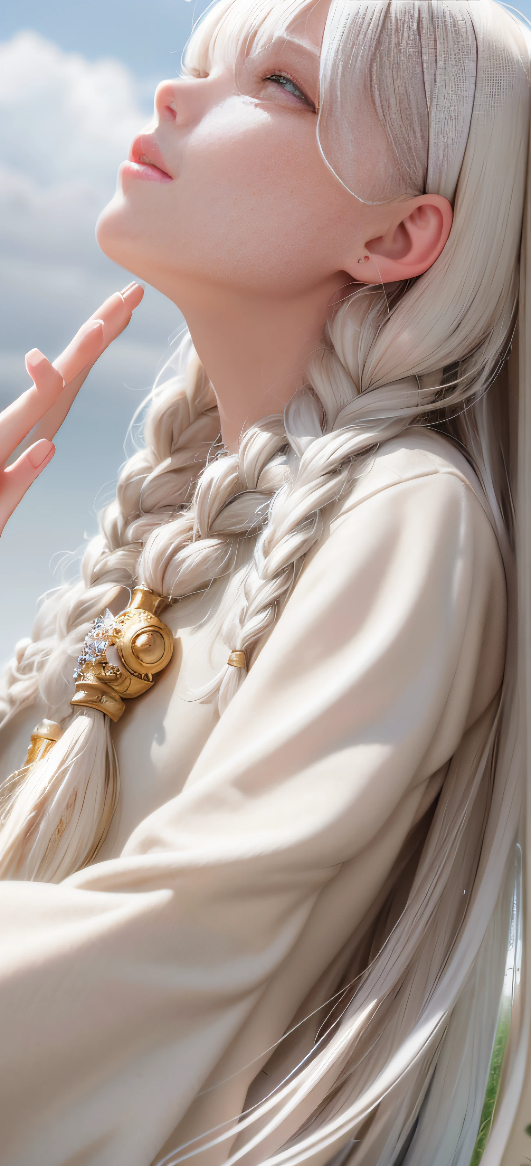 best quality, masterpiece,white hair, gold eyes,white clothes, looking up, upper body,hair strand,Fair skin,side braids