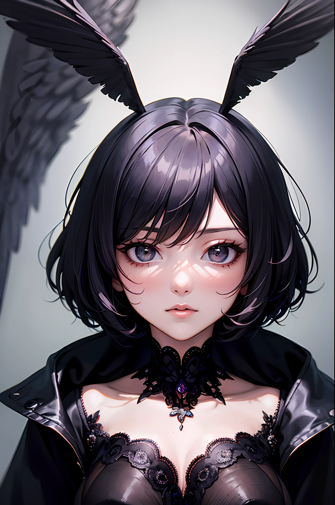 realisticlying,(tmasterpiece,top Quority,best qualtiy,offcial art,Beauty and aesthetics:1.2),The is very detailed,s fractal art,Colorful,Most detailed,(abstract backgrounds:1.5)(1boy:1.3),(The bird),silber hair,Eyes,Post-comb,short detailed hair,Black robe,female pervert,Long wings