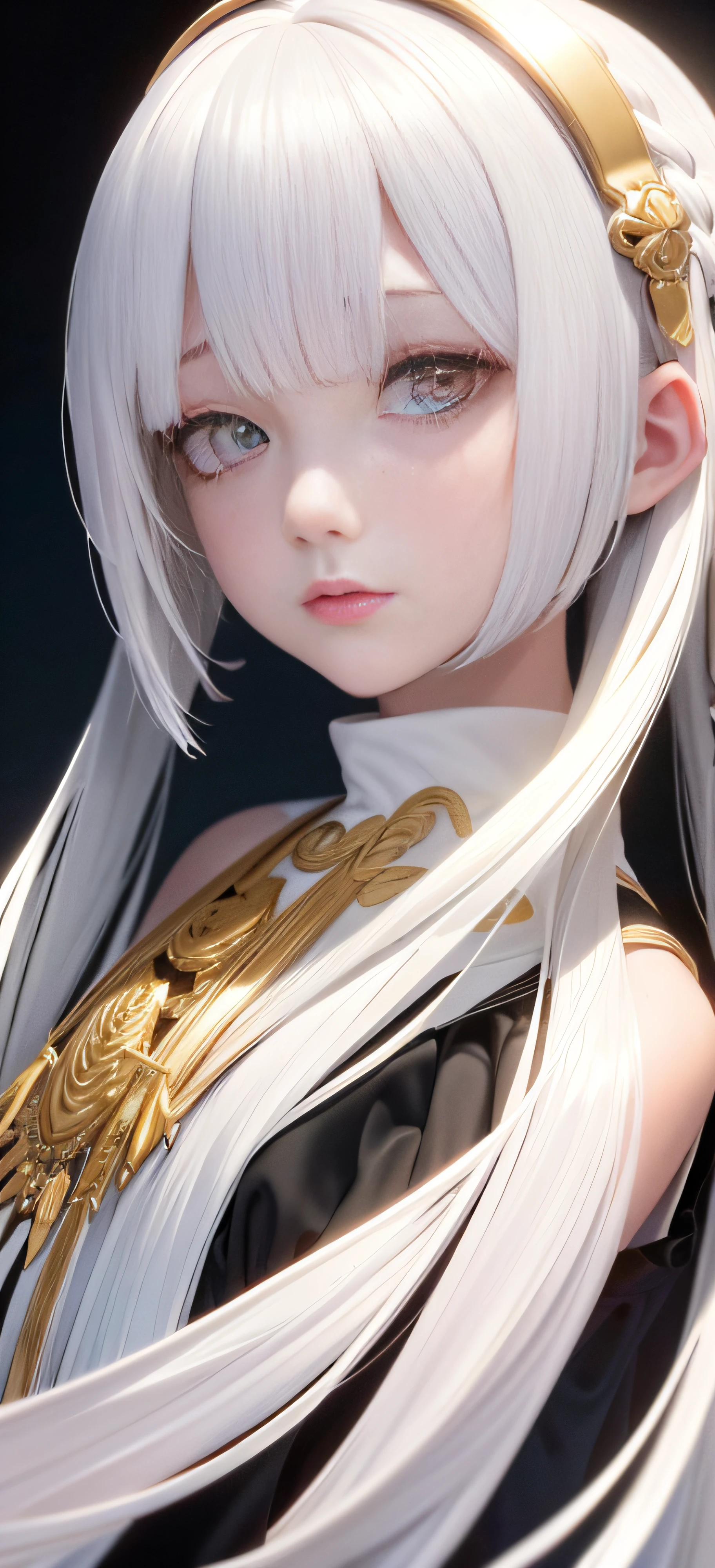 best quality, masterpiece,white hair, gold eyes,white clothes, looking up, upper body,hair strand,Fair skin,side braids