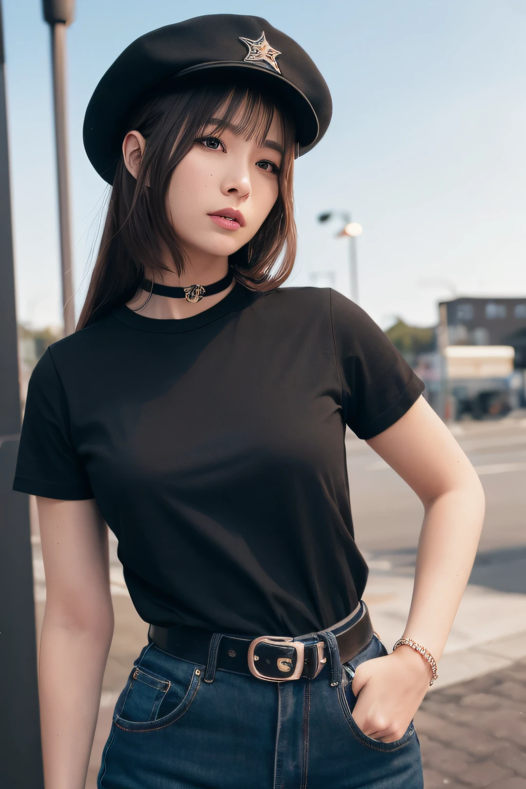 apinkhayoung, urban, streets, (day:1.1), RAW,(8k, best quality, masterpiece:1.2),(intricate details:1.4),(photorealistic:1.4),octane render, complex 3d render ultra detailed, studio soft light, rim light, vibrant details, ultra detailed, realistic skin texture, detailed face, beautiful detailed eyes, extremely detailed CG unity 8k wallpaper, makeup, (detailed background:1.2), (cowboy shot:1.2),(perfect anatomy:1.2),(wide hip:1.1),(black t-shirt, pants, choker, beret:1.2),
