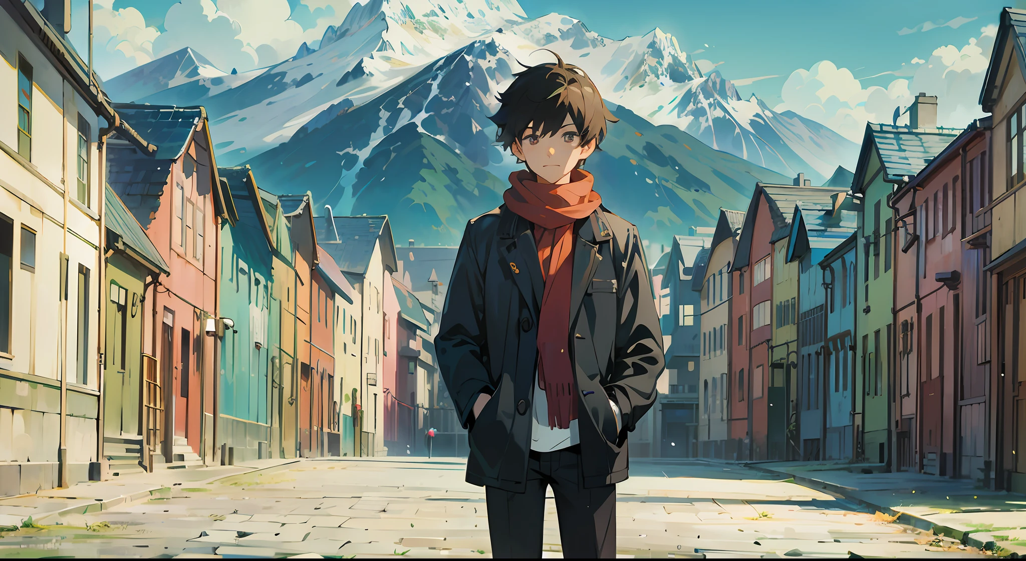 Anime boy standing in the street,The background is a mountain, style of anime4 K, Makoto Shinkai Cyril Rolando, Anime style. 8K, makoto shinkai art style, Shinkai Makoto style, Anime art wallpaper 8 K, 4K anime wallpaper, Anime art wallpaper 4 K, Anime art wallpaper 4k, Makoto Shinkai. a digital rendering