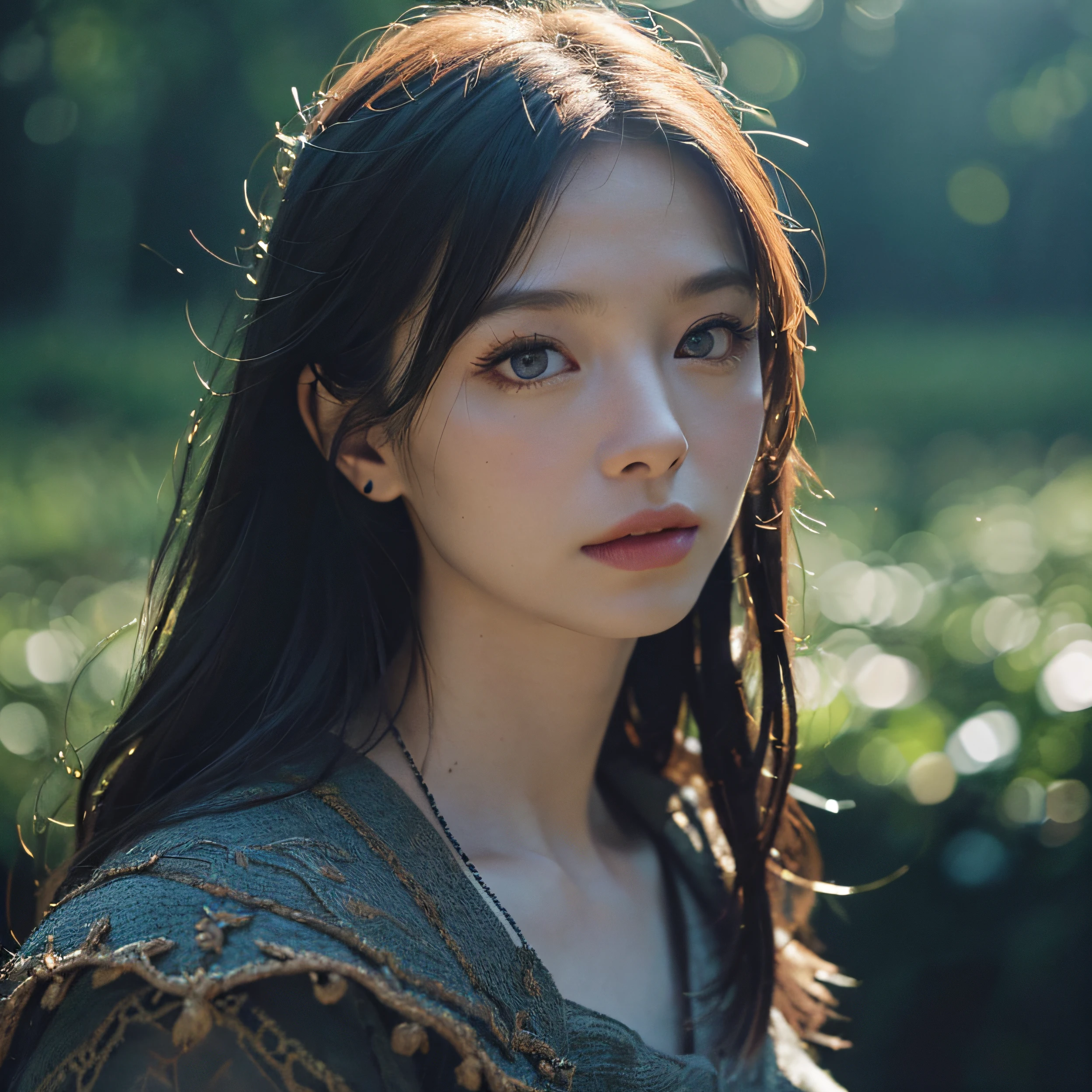(film photo:1.3) af (Realistic:1.3) Portrait of a village of 25 years old European woman, Night, Dark fairy tale beautiful dense autumn forest, Dark background, 16k, Low angle, 24mm lens, (((Sharp focus:1.5))), (((Depth of sharpness:1.5))), (Photorealistic:1.5), (Skin texture:1), Cinematic, ultra - detailed,Highly detailed --auto