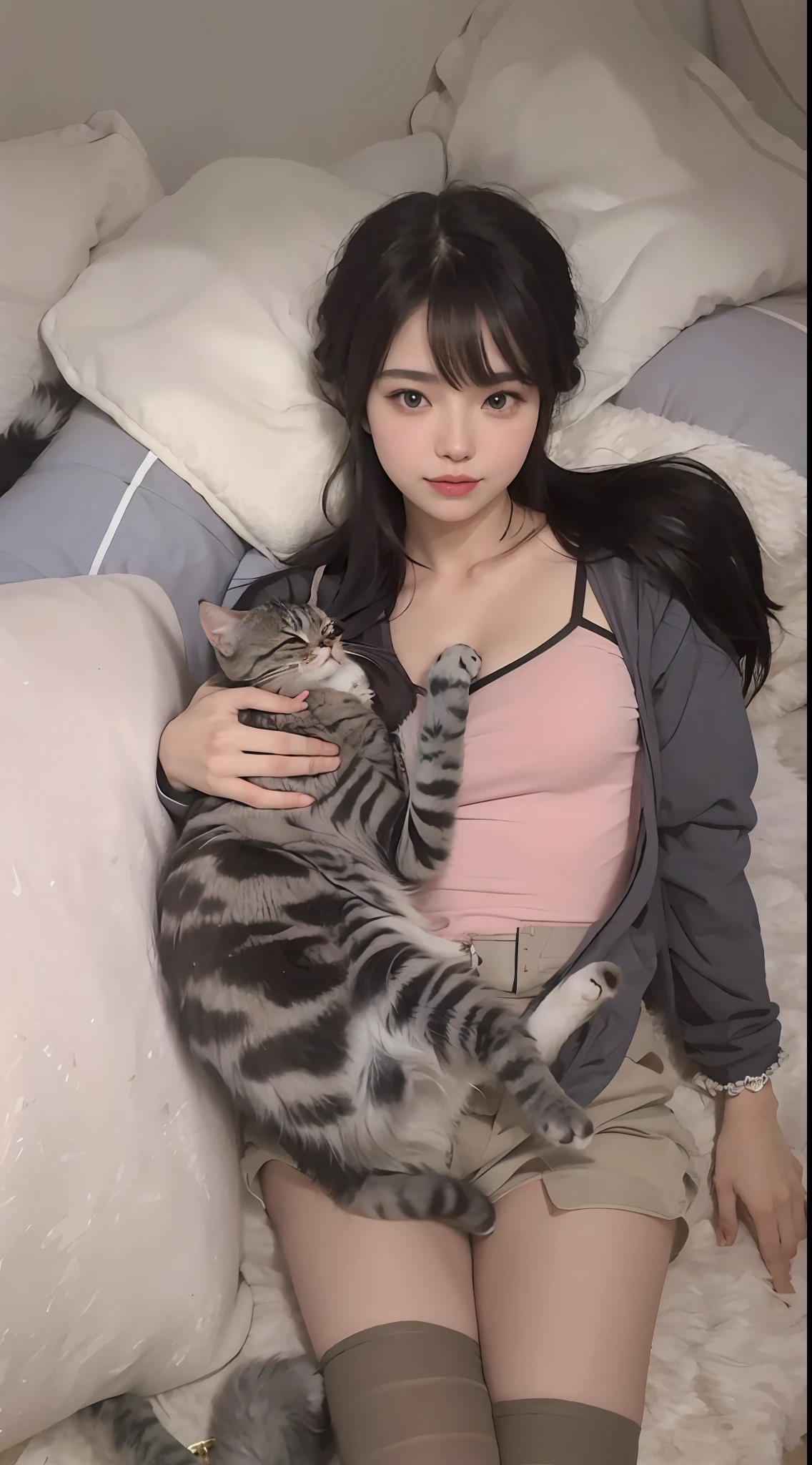 Arakfi woman lying on couch holding a cat, very beautiful cute catgirl, Attractive cat girl, she is holding a cat in her arms, beautiful young catgirl, with small cat on lap, with cats on her side, Holding a cat, woman / cat hybrid, there is a cat next to her