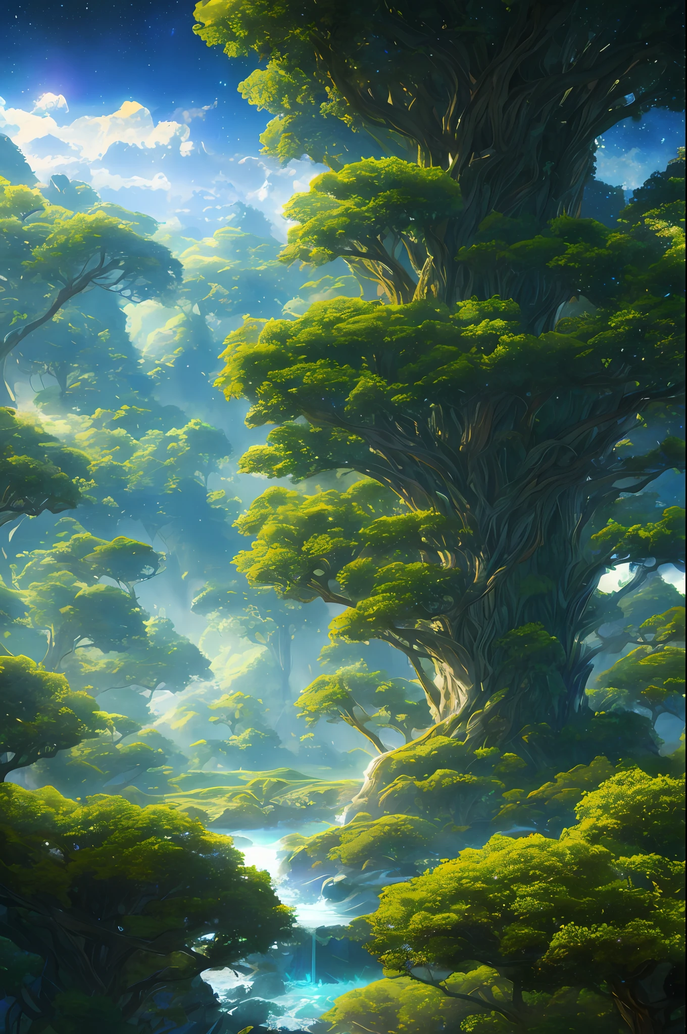 Illustration of a hyperrealistic , otherworldly, ultrasky scene featuring a giant crystal tree full body,very detailed and magical lighting, intricate forest details, vegetation and river around, solarpunk ,landscape, giant tree, beatifull leafy with beautiful lighting and realistic proportions, as if it were a cinematic background, 8k, highest quality, masterpiece, clouds and stars in the sky.
