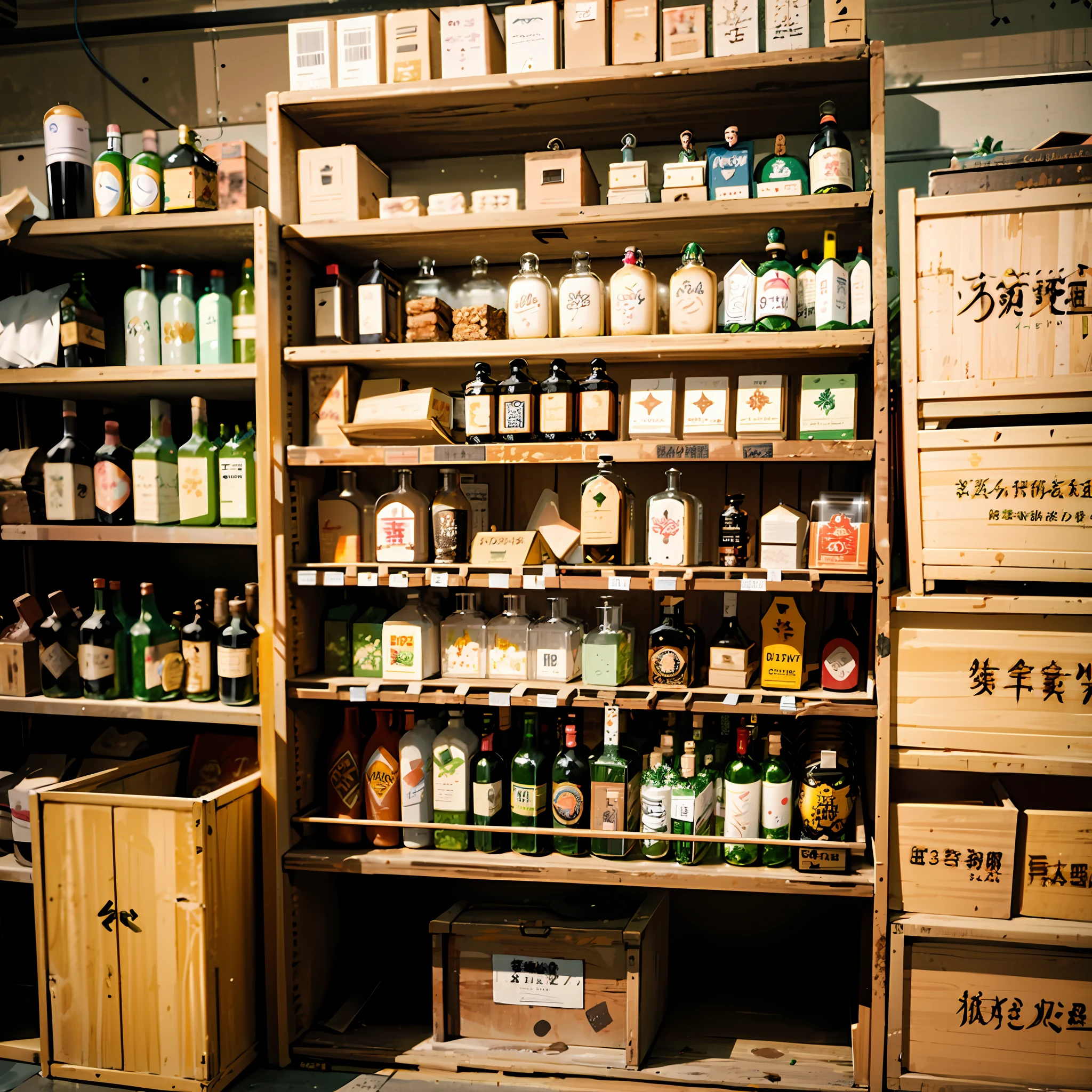 There are many bottles of wine on the shelves of the store, large jars on shelves, lots of jars and boxes of herbs, Wooden boxes and barrels, sake, image apothecary, shot on leica sl2, A bottle of spices, old japanese street market, market in japan, apothecary, bottles covered in wax, inside of a tokyo garage