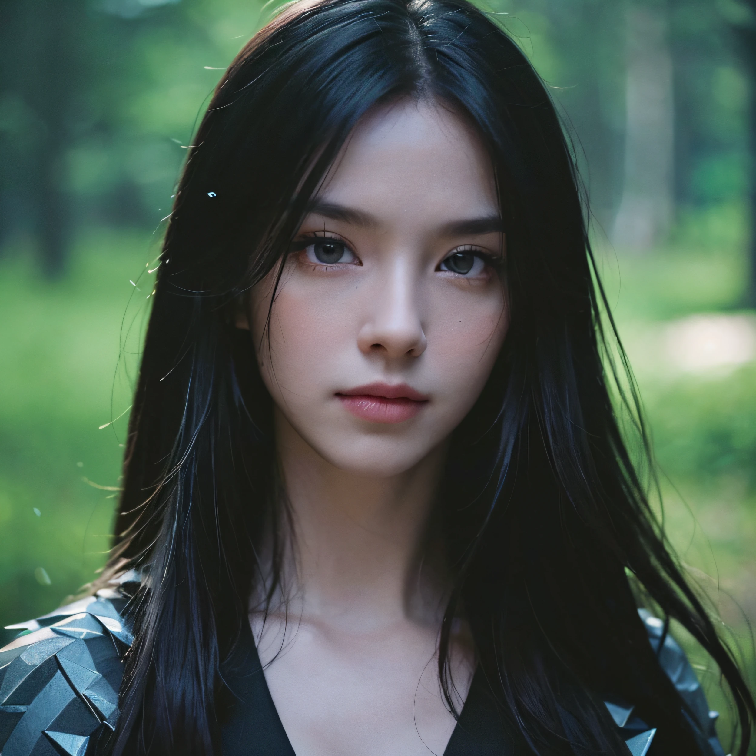 (film photo:1.3) af (Realistic:1.3) Portrait of a village of 25 years old European woman, Night, Dark fairy tale beautiful dense autumn forest, Dark background, 16k, Low angle, 24mm lens, (((Sharp focus:1.5))), (((Depth of sharpness:1.5))), (Photorealistic:1.5), (Skin texture:1), Cinematic, ultra - detailed,Highly detailed --auto