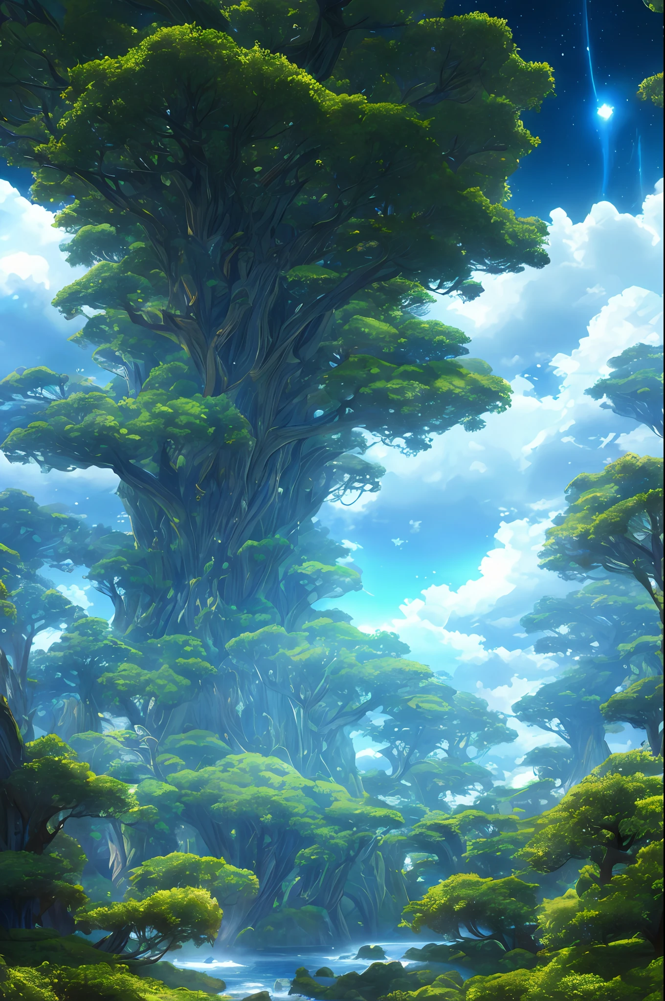 Illustration of a hyperrealistic , otherworldly, ultrasky scene featuring a giant crystal tree full body,very detailed and magical lighting, intricate forest details, vegetation and river around, solarpunk ,landscape, giant tree, beatifull leafy with beautiful lighting and realistic proportions, as if it were a cinematic background, 8k, highest quality, masterpiece, clouds and stars in the sky.