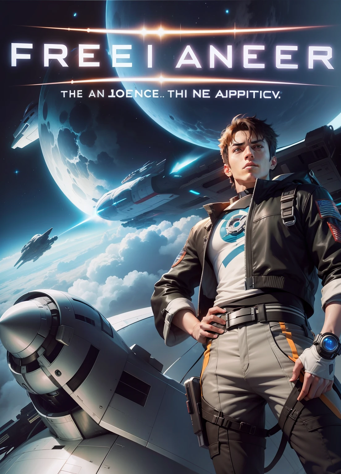 "the anime, A spaceship with a pointed nose in the background, Freelancer at the top of the screen."