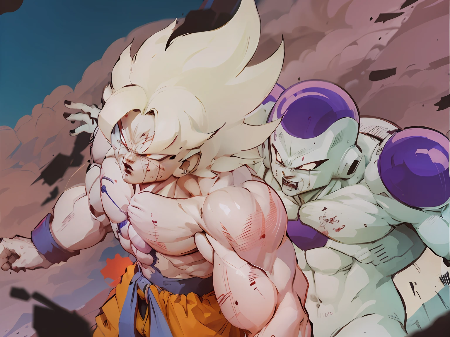 （Frieza）、Sun Wukong、dragon balls、Transformed into final form、dragonball z、blood splashing、battleing、Fighting、action、beautiful countenance、serious faces、tail、red eyes、Perfect body、full body Esbian、fıt body、abdominals、musculature、Red armor、Painful face、Namek