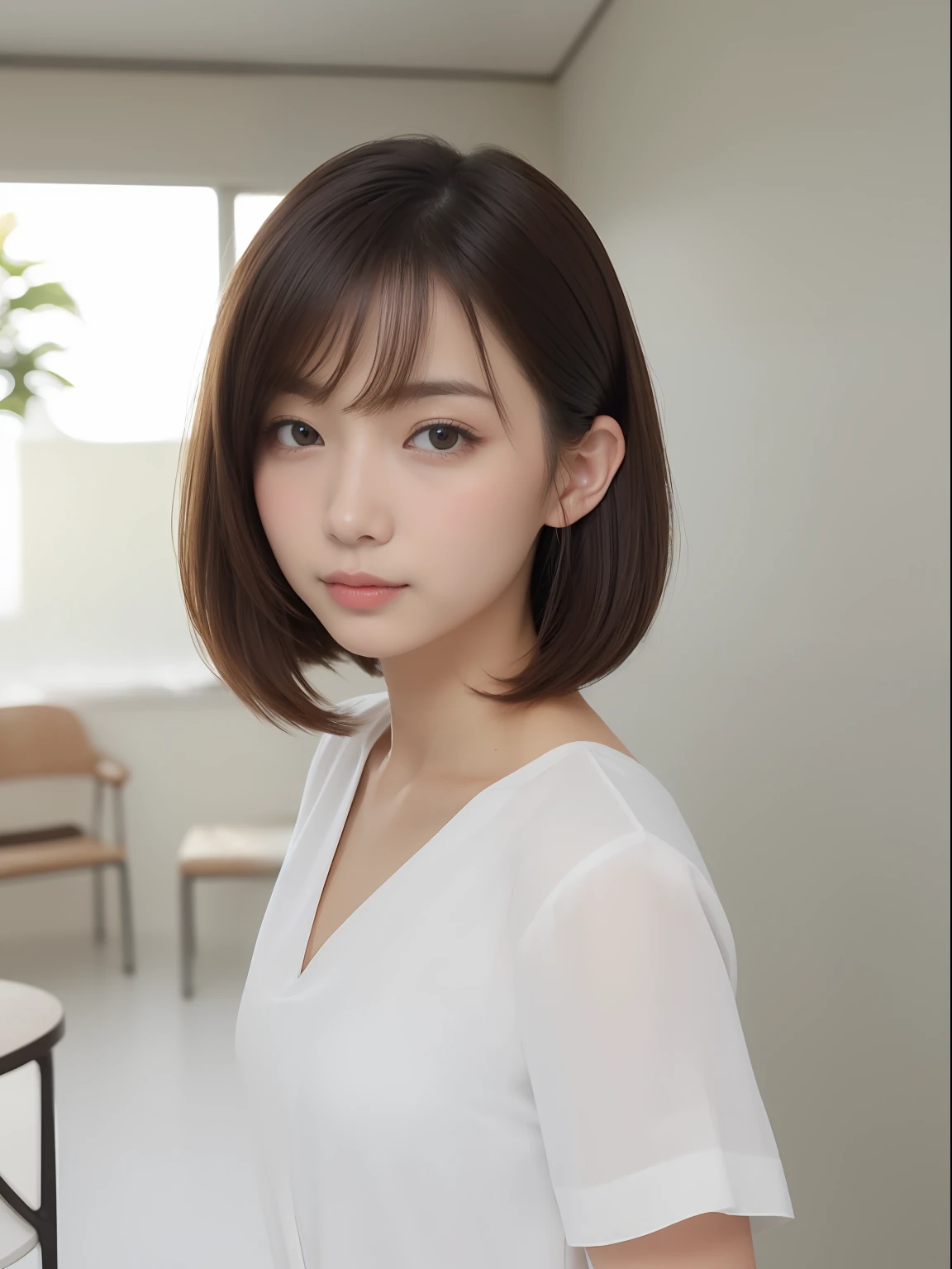 (in 8K, top-quality, a masterpiece of:1.2), (realisitic, Photorealsitic:1.37), ultra-detailliert, small tits、Skinny face、Mature look、de pele branca、nurse、Suppin、Narrow slit eyes、Small eyes、Small, Narrow eyes、30-years old,独奏,Nasal blush、A smile、a closed mouth、tiny chest、Delicate body、Black eyes、beatiful detailed eyes、Single eyelid、poneyTail、A dark-haired 、short cut hair、fullllbody、Skinny Legs、Manteau blanc、nurse、see -through、White blouse