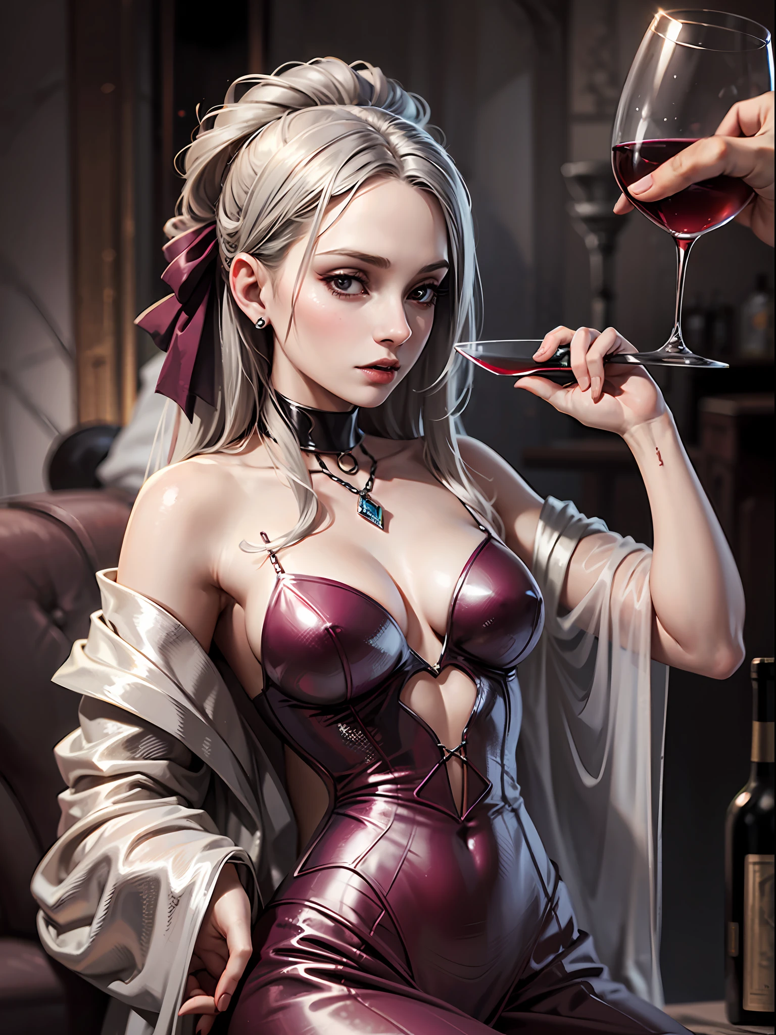 A young female vampire, beautiful, in a silver gown, holding a glass of wine in her hand. --auto --s2
