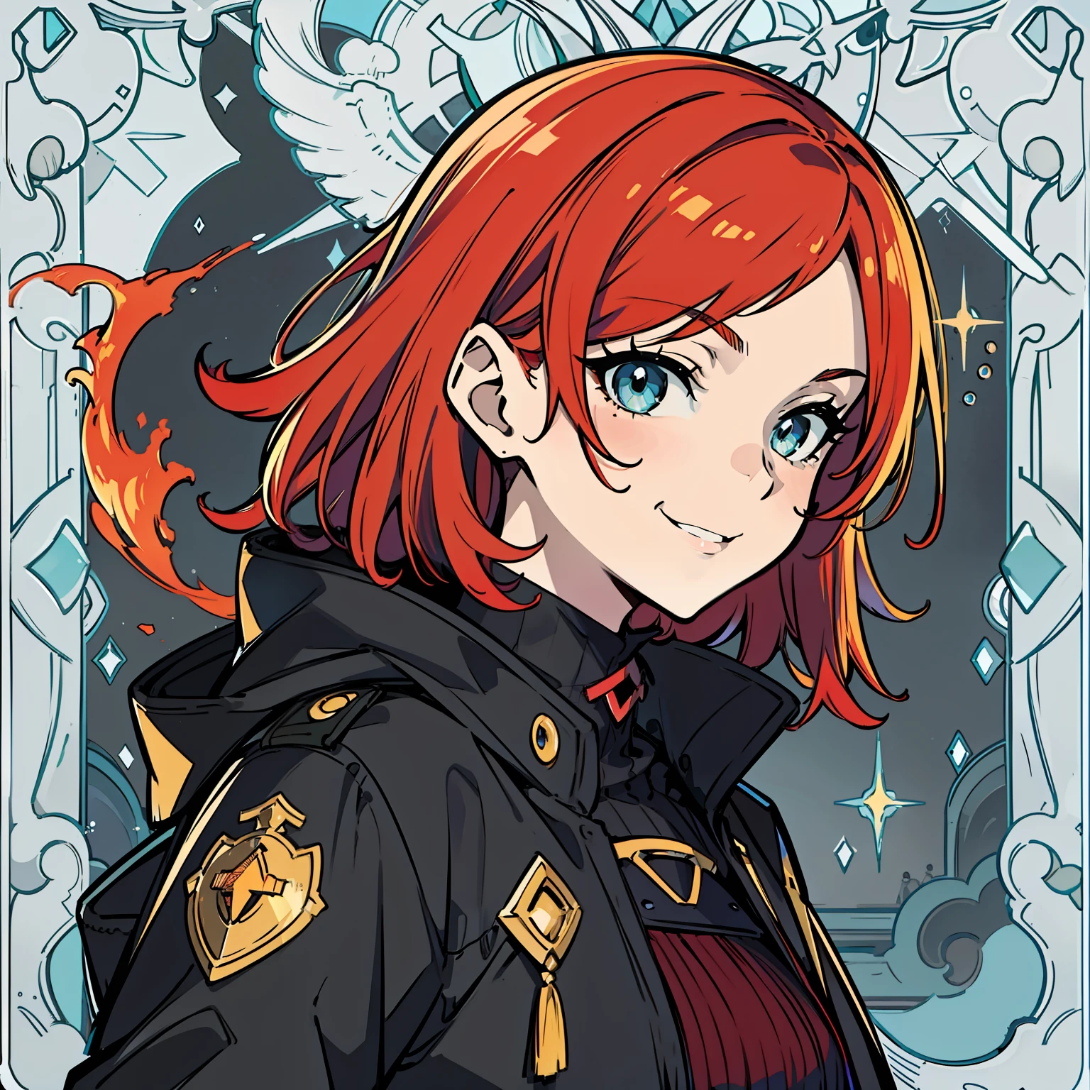 Anime - image in the style of a woman with red hair and aquamarine eyes,A slender,scarlet colored hair,Medium Hair,bob cuts,Wavy Hair,Black coat,Pale crimson flame, Female protagonist 👀 :8, portrait n - 9, Portrait of a female anime hero, crisp clear rpg portrait, cyarine, Fine details,girls' frontline,detailed anime character art,kindly smile,