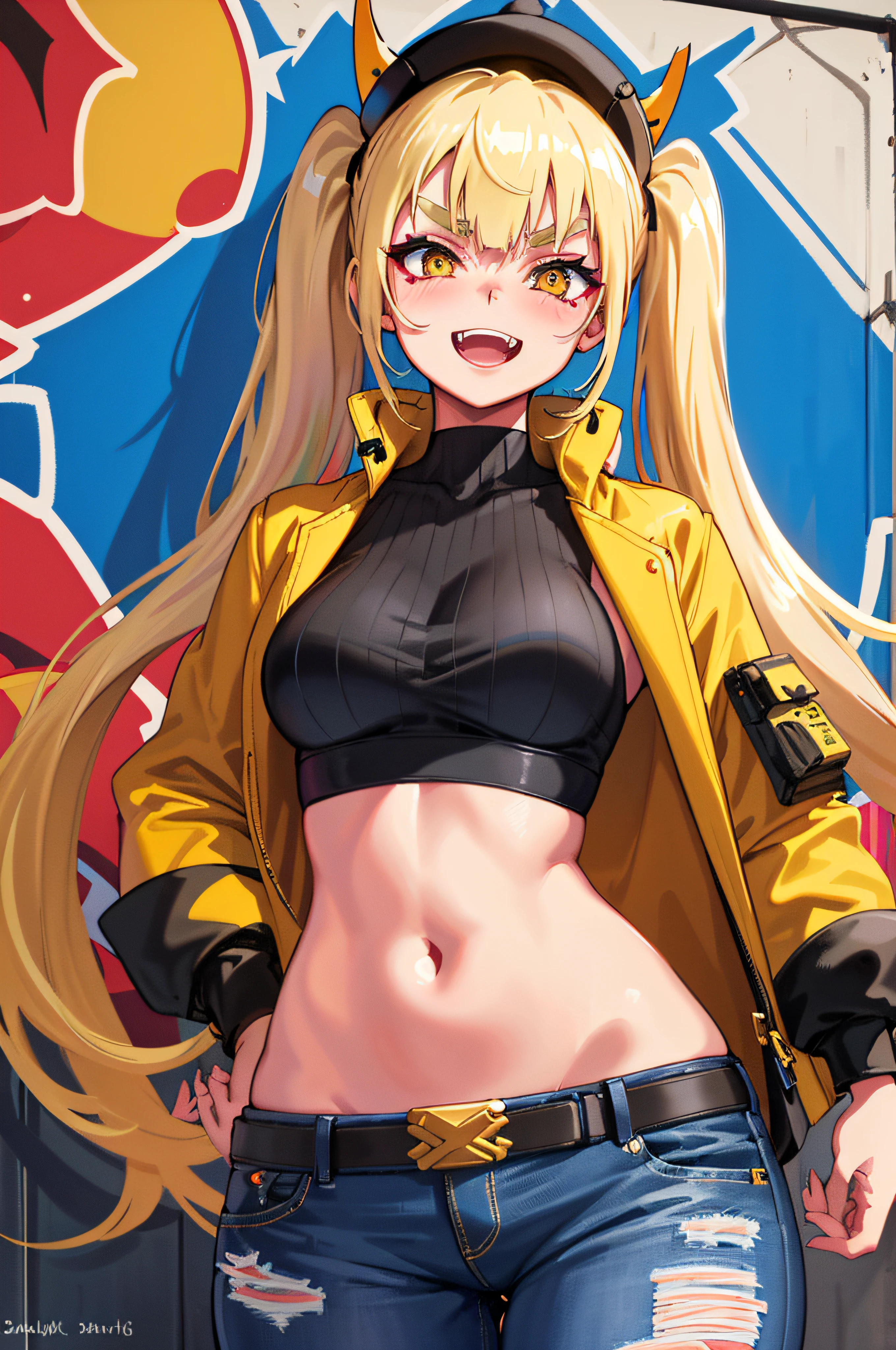Original Character, Volumetric Lighting, Best Shadows, Shallow Depth of Field, Portrait Of Stunningly Beautiful Girl, Petite, Delicate Beautiful Attractive Face With Alluring Yellow Eyes, Messy Painted Face, Sharp Eyebrows, Broadly Smiling, Open Mouth, Fangs Out, Lovely Medium Breasts, Layered Long Twintail Blond Hair, Blush Eyeshadow, Thick Eyelashes, Applejack Hat, Oversized Pop Jacket, Mini Underboob Tee, Open Navel, Slim Waist, Denim Jeans Pants, With Buckle Belt, In The Graffiti Alley, Waste Container, Outside Stairs, Outdoor Unit, Holding Spray Paint Can, Standing, (Highest Quality, Amazing Details:1.25), (Solo:1.3), Brilliant Colorful Paintings