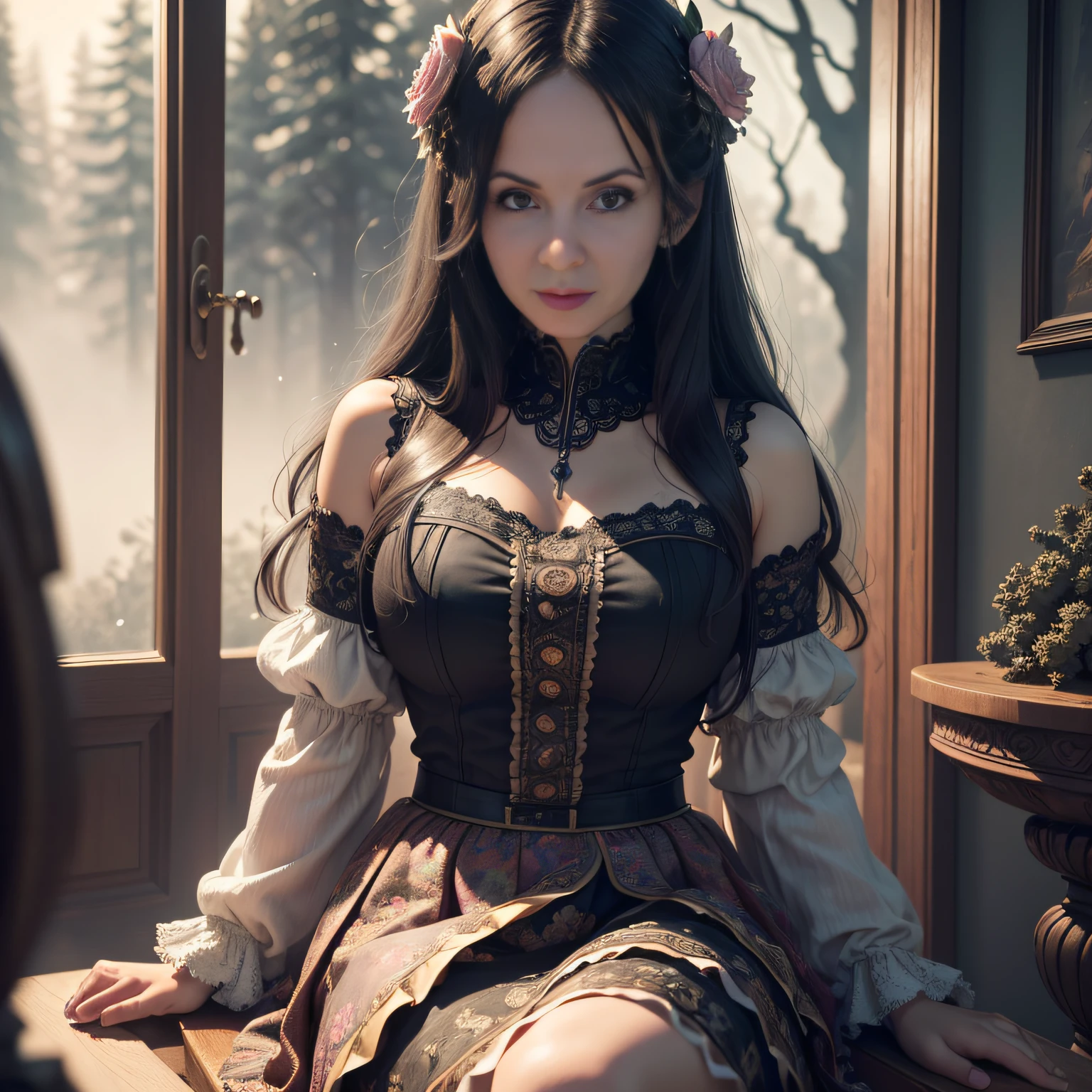 (super detailed), high resolution 8k wallpaper, best quality, lisa blackpink, black hair, (highly detailed hair: 1.4), smoke, fog, (dark forest: 1.1 ), bokeh, faded, neutral colors, (hdr: 1.5), ((pastel colors)), floral decorations, skirts, fantasy style, intricate scene, artstation, super detailed, dramatic lighting, Intricate Detail, [Vignette], Intricate Background, ( (((Movie Look)))), Soothing Tones, Intricate Detail, Ultra Detail, Stone Gray Mood, (Wide Angle), Realistic, Sharp focus, beautiful lips --auto