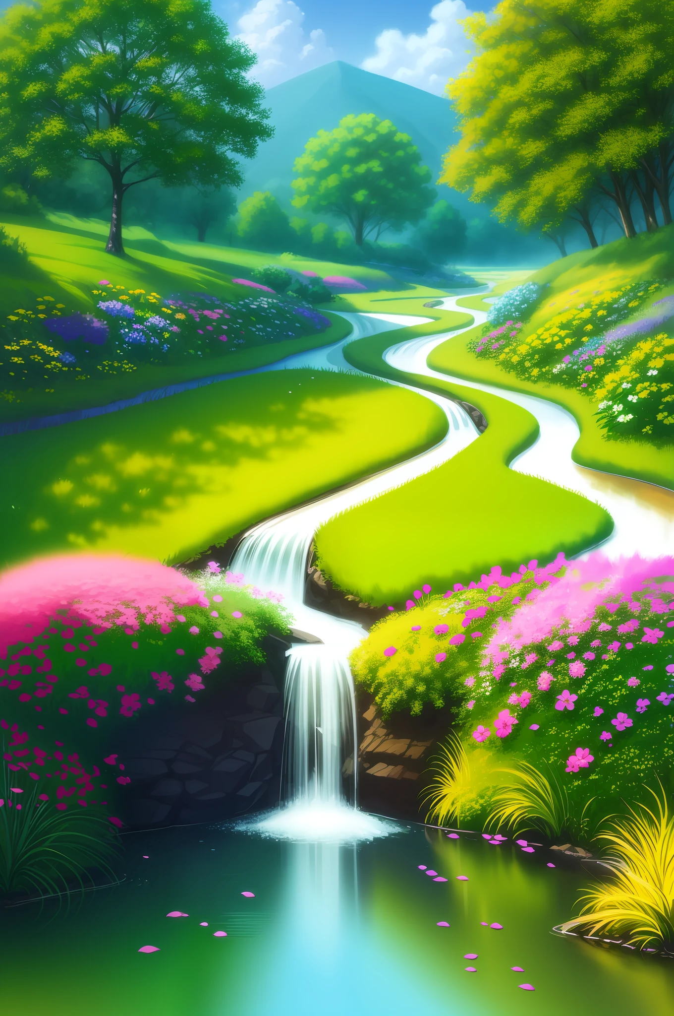 Draw a stream that flows through a lush green valley,flowers blooming, floral environment, lindo cenario, detailed soft painting, Detailed painting 4 K, lush landscape, Summer meadow, 8k resolution digital painting, 8 k resolution digital painting, beautiful digital painting, peaceful landscape, inspired by mark keathley,