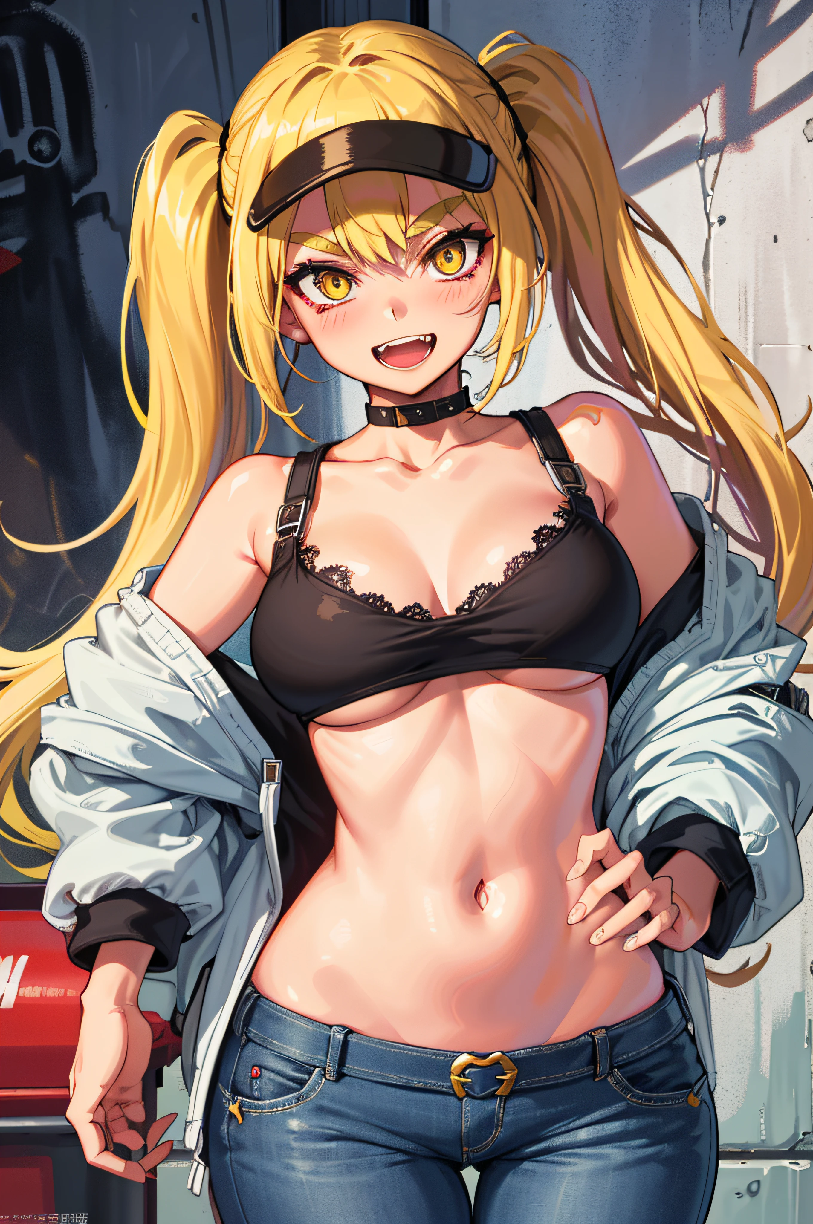 Original Character, Volumetric Lighting, Best Shadows, Shallow Depth of Field, Portrait Of Stunningly Beautiful Girl, Petite, Delicate Beautiful Attractive Face With Alluring Yellow Eyes, Messy Painted Face, Sharp Eyebrows, Broadly Smiling, Open Mouth, Fangs Out, Lovely Medium Breasts, Layered Long Twintail Blond Hair, Blush Eyeshadow, Thick Eyelashes, Applejack Hat, Oversized Pop Jacket, Mini Underboob Tee, Open Navel, Slim Waist, Denim Jeans Pants, With Buckle Belt, In The Graffiti Alley, Waste Container, Outside Stairs, Outdoor Unit, Holding Spray Paint Can, Standing, (Highest Quality, Amazing Details:1.25), (Solo:1.3), Brilliant Colorful Paintings