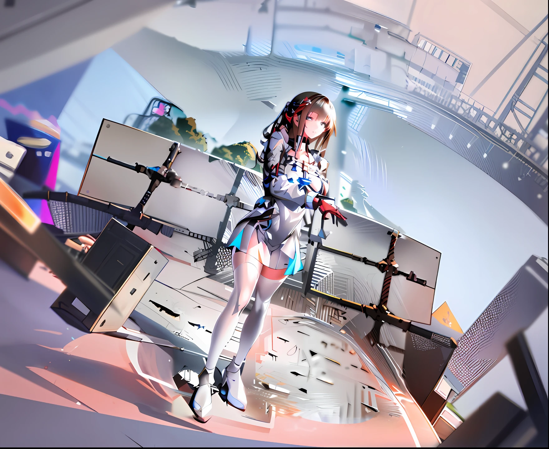 A girl in a short skirt and high heels stands in the center of the stage, Pisif 3DCG, Digital art on Pisif , [ 4 K digital art ]!!, Kushatt Krenz Key Art Women, Pisif Contest Champion, Makoto Shinkai. a digital rendering, Kantai collection style，