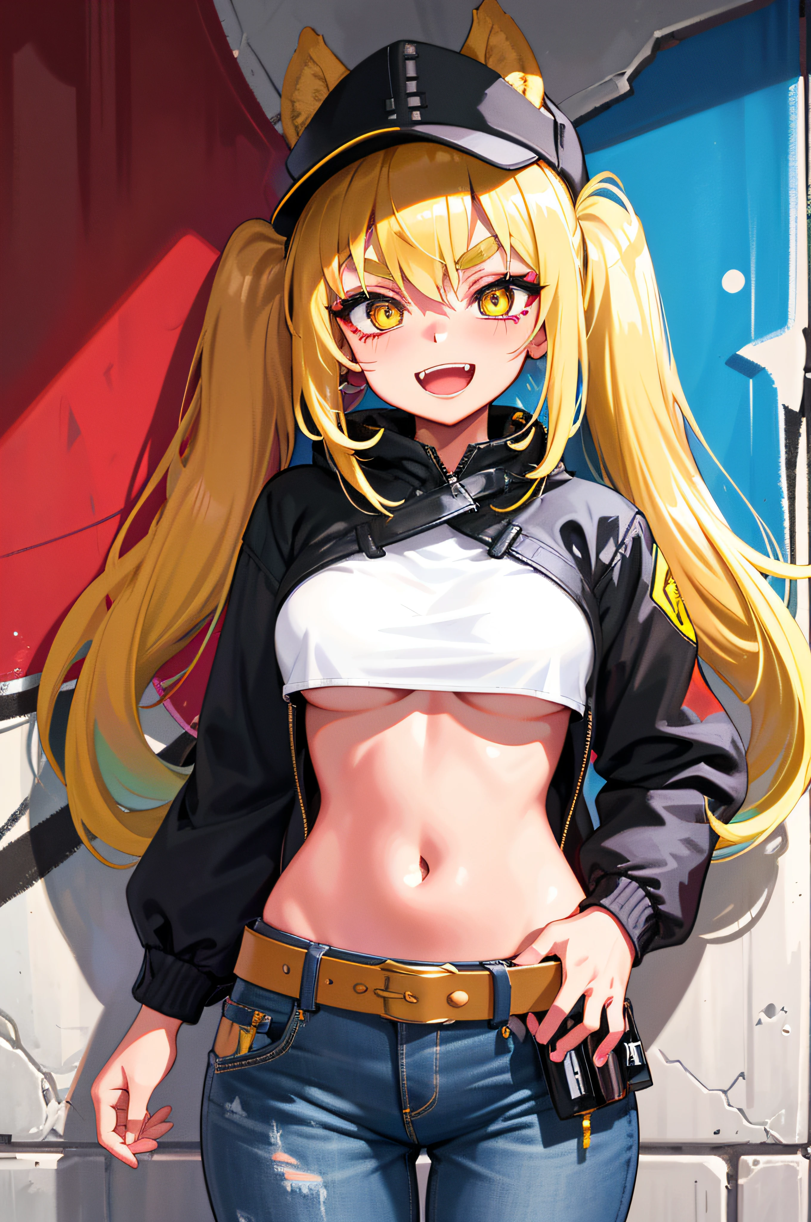 Original Character, Volumetric Lighting, Best Shadows, Shallow Depth of Field, Portrait Of Stunningly Beautiful Girl, Petite, Delicate Beautiful Attractive Face With Alluring Yellow Eyes, Messy Painted Face, Sharp Eyebrows, Broadly Smiling, Open Mouth, Fangs Out, Lovely Medium Breasts, Layered Long Twintail Blond Hair, Blush Eyeshadow, Thick Eyelashes, Applejack Hat, Oversized Pop Jacket, Mini Underboob Tee, Open Navel, Slim Waist, Denim Jeans Pants, With Buckle Belt, In The Graffiti Alley, Waste Container, Outside Stairs, Outdoor Unit, Holding Spray Paint Can, Standing, (Highest Quality, Amazing Details:1.25), (Solo:1.3), Brilliant Colorful Paintings