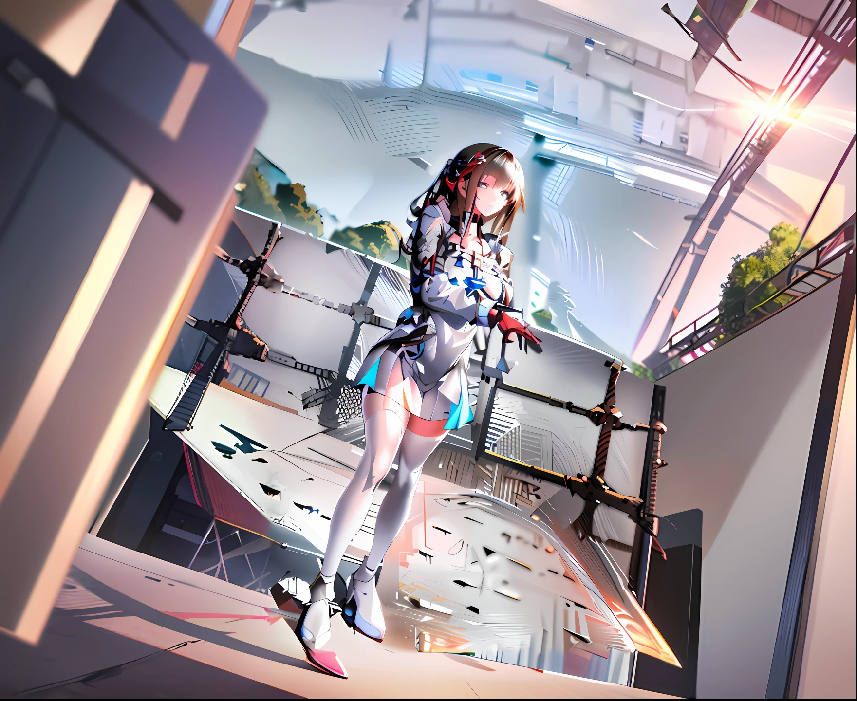 A girl in a short skirt and high heels stands in the center of the stage, Pisif 3DCG, Digital art on Pisif , [ 4 K digital art ]!!, Kushatt Krenz Key Art Women, Pisif Contest Champion, Makoto Shinkai. a digital rendering, Kantai collection style，