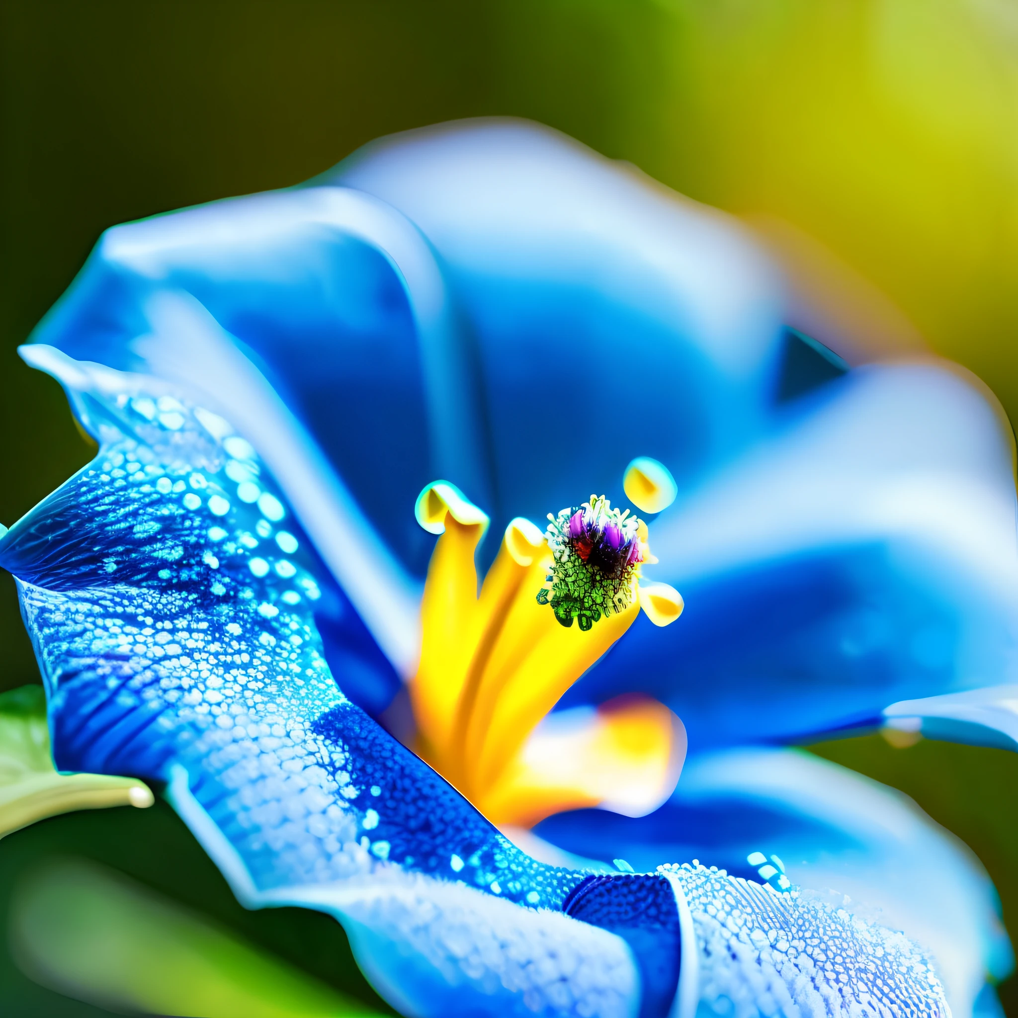 macro closeup photo of giant blue and turquoise hibiscus with dew on its petals, beautiful, dynamic composition, natural lighting, highly detailed