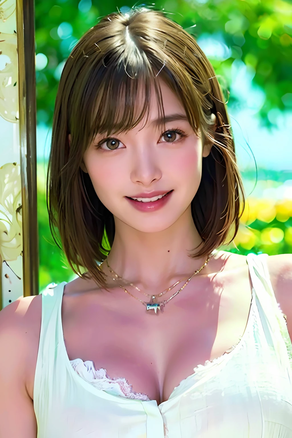 ​masterpiece、top-quality、realisitic、(A hyper-realistic), (illustratio), (hight resolution), (8K), (ighly detailed), (The best illustrations), (beatiful detailed eyes), (top-quality), (ultra-detailliert), (​masterpiece), (wall-paper), (详细的脸), a bed、Upper body close-up,（Armpit）, ( A smile),Plump,独奏,（Wearing a plummeted open shirt of white silk:1.5）, full of sweat, japanes, large full breasts, (camel's toe)、huge-breasted、livingroom、Detailed white teeth、ultimate beauty girl、No bra、（Diamond necklace）、perfect teeth、Brown hair、Light makeup、Navel、Seductive look、eyes large、abdominals、