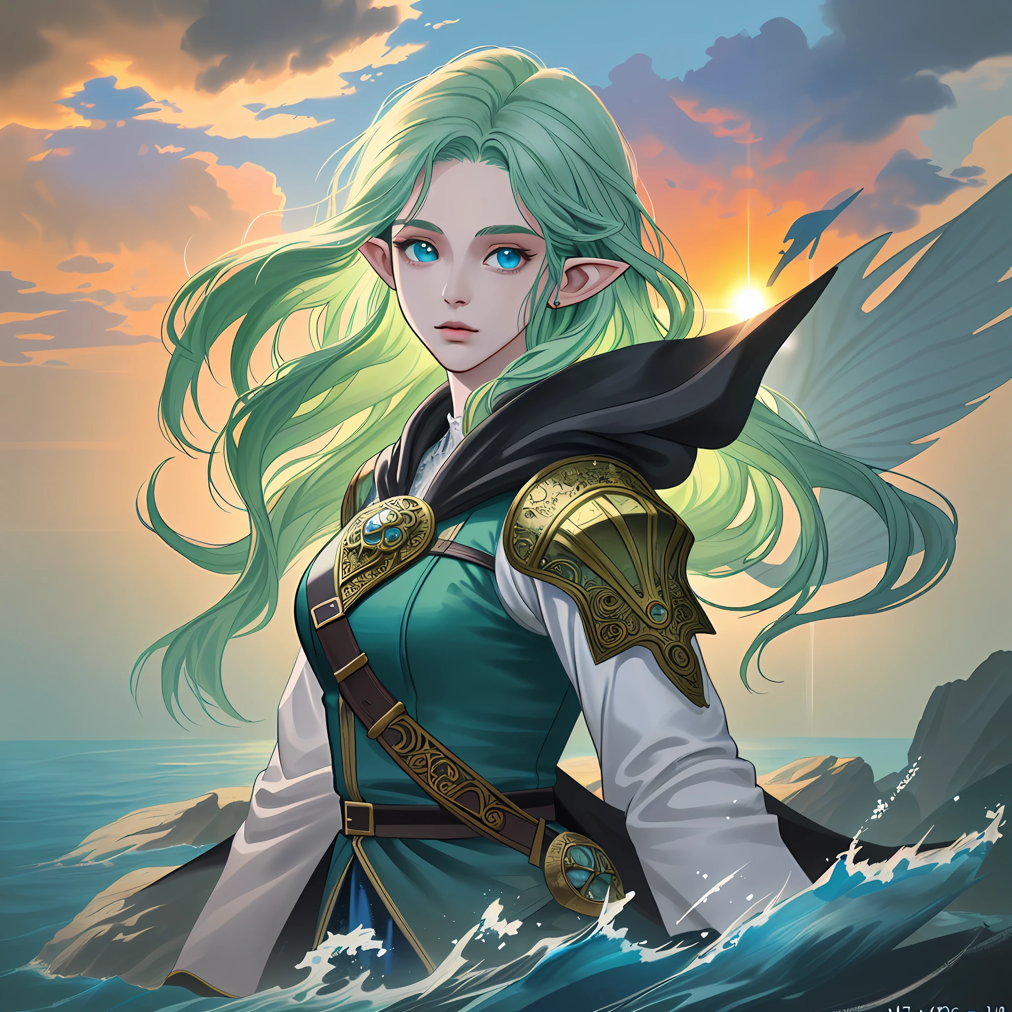 fantasy art, dnd art, (masterpiece:1.5), full body best details, highly detailed, best quality, highres, portrait of a female, elf (1.6, fantasy art, Masterpiece, best quality), ultra feminine, druid, cleric of sea, (1.4 intricate details, fantasy art, Masterpiece, best quality) with a long curvy hair, light green hair, blue eyes, (fantasy art, Masterpiece, best quality), ((beautiful delicate face)), Ultra Detailed Face (1.6 intricate details, fantasy art, Masterpiece, best quality), armed with a knife, blue cloak, flowing cloak (1.4 intricate details, fantasy art, Masterpiece, best quality), wearing scale armor (1.4 intricate details, fantasy art, Masterpiece, best quality), in  undersea setting background, fantasy sea, underwater light, [[natural sea life elements]], dawn light, sun rays, clouds, dynamic atmosphere, soft light, dynamic light, [[anatomically correct]], high details, best quality, 8k, [ultra detailed], masterpiece, best quality, (extremely detailed), dynamic angle