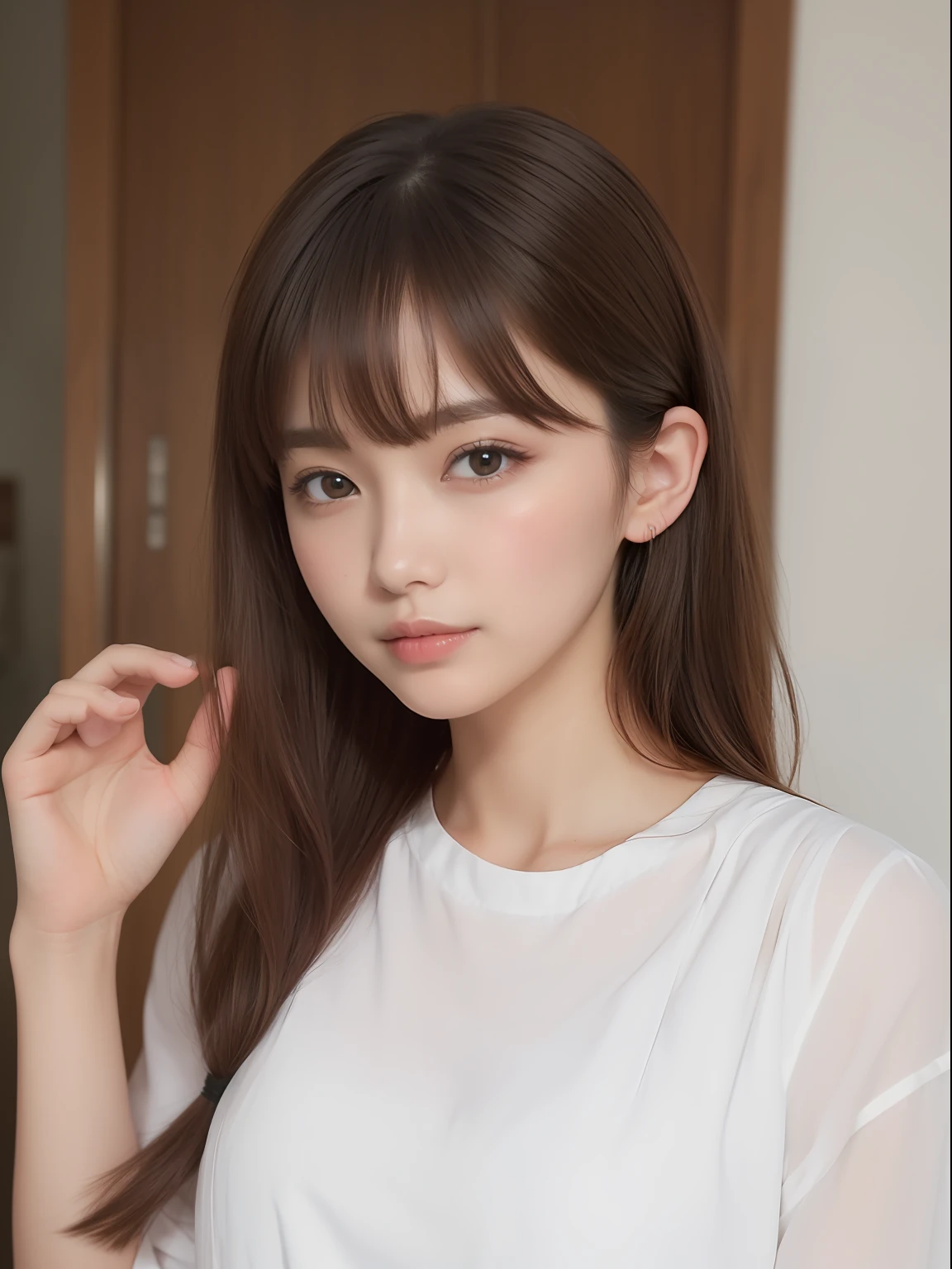 (in 8K, top-quality, a masterpiece of:1.2), (realisitic, Photorealsitic:1.37), ultra-detailliert, small tits、Skinny face、Mature look、de pele branca、nurse、Suppin、Narrow slit eyes、Small eyes、Small, Narrow eyes、30-years old,独奏,Nasal blush、A smile、a closed mouth、tiny chest、Delicate body、Black eyes、beatiful detailed eyes、Single eyelid、poneyTail、A dark-haired 、short cut hair、fullllbody、Skinny Legs、Manteau blanc、nurse、see -through、White blouse