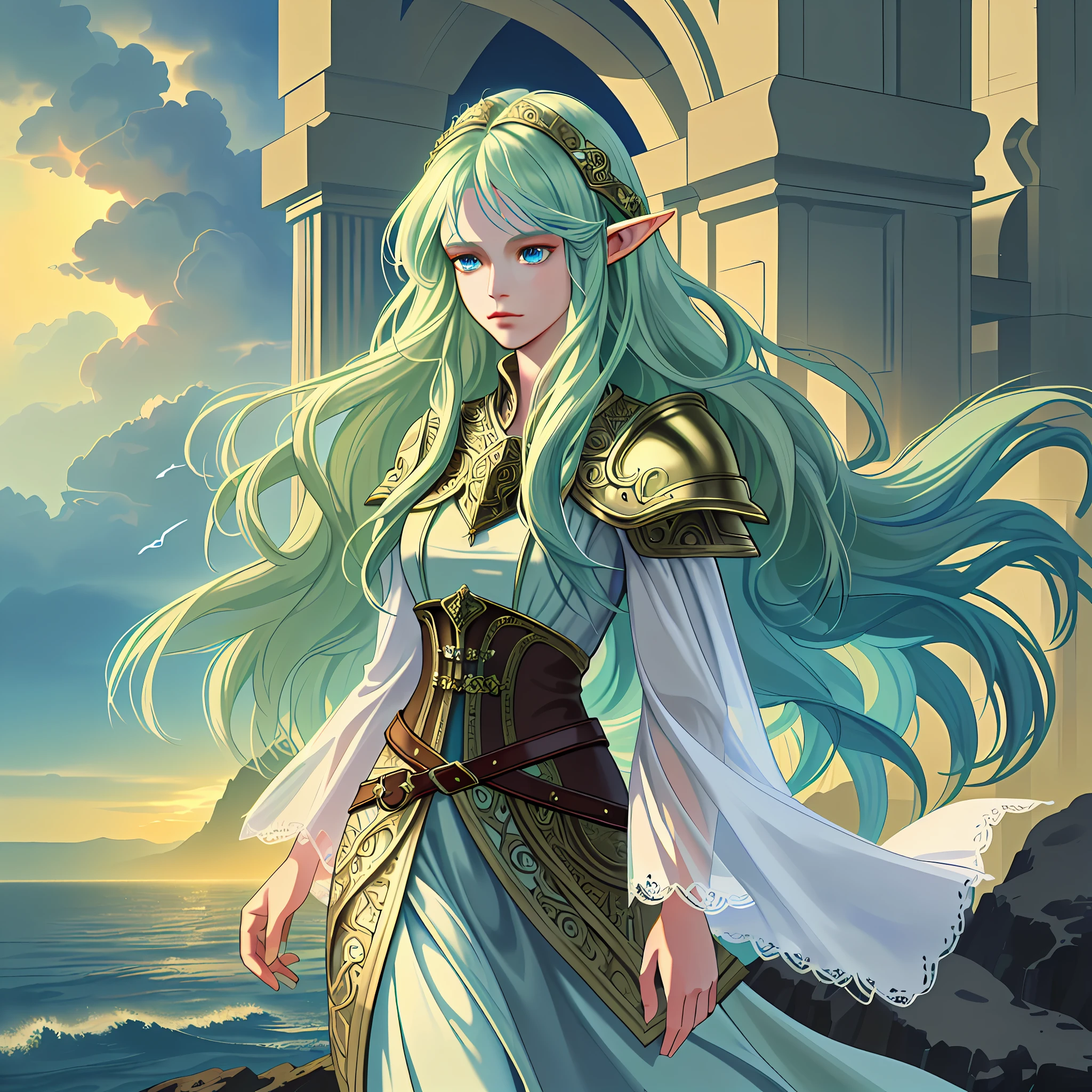 fantasy art, dnd art, (masterpiece:1.5), full body best details, highly detailed, best quality, highres, portrait of a female, elf (1.6, fantasy art, Masterpiece, best quality), ultra feminine, druid, cleric of sea, (1.4 intricate details, fantasy art, Masterpiece, best quality) with a long curvy hair, light green hair, blue eyes, (fantasy art, Masterpiece, best quality), ((beautiful delicate face)), Ultra Detailed Face (1.6 intricate details, fantasy art, Masterpiece, best quality), armed with a knife, blue cloak, flowing cloak (1.4 intricate details, fantasy art, Masterpiece, best quality), wearing scale armor (1.4 intricate details, fantasy art, Masterpiece, best quality), in sea setting background, fantasy sea, at day light, natural sea life elements, dawn light, sun rays, clouds, dynamic atmosphere, soft light, dynamic light, [[anatomically correct]], high details, best quality, 8k, [ultra detailed], masterpiece, best quality, (extremely detailed), dynamic angle