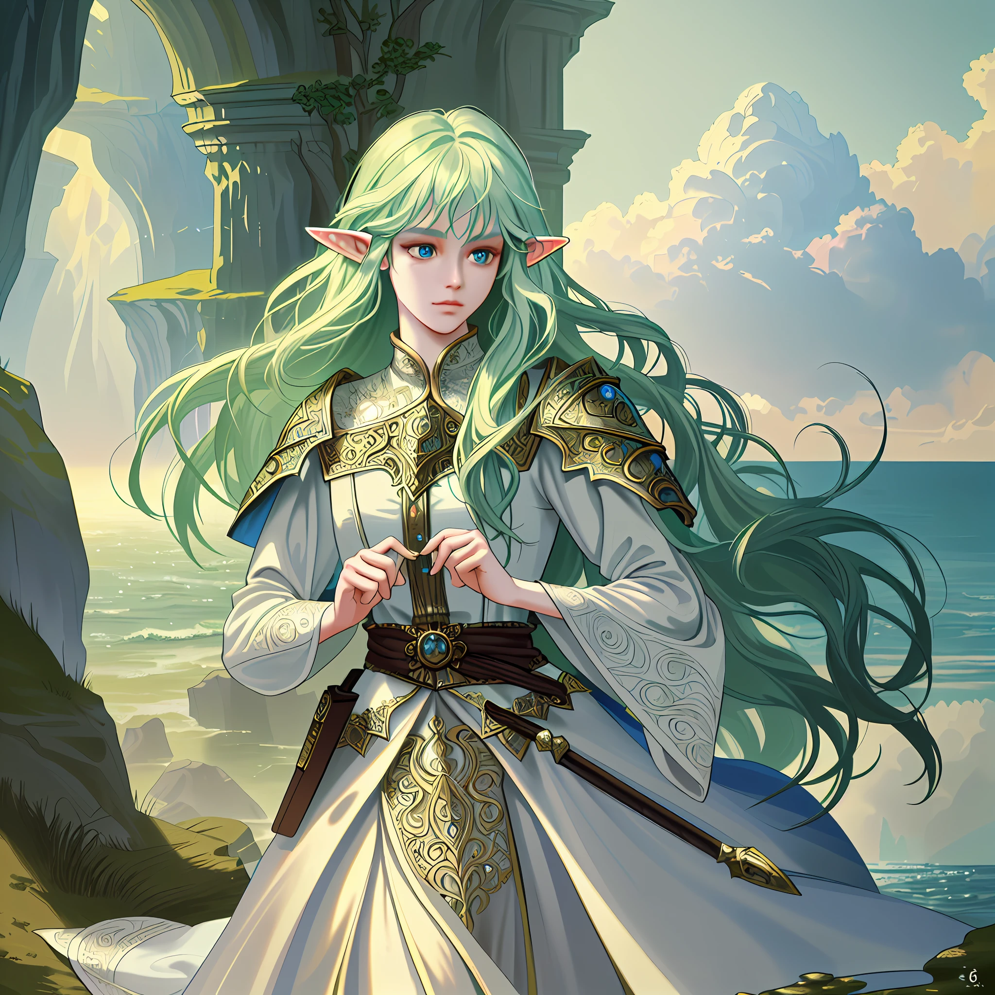 fantasy art, dnd art, (masterpiece:1.5), full body best details, highly detailed, best quality, highres, portrait of a female, elf (1.6, fantasy art, Masterpiece, best quality), ultra feminine, druid, cleric of sea, (1.4 intricate details, fantasy art, Masterpiece, best quality) with a long curvy hair, light green hair, blue eyes, (fantasy art, Masterpiece, best quality), ((beautiful delicate face)), Ultra Detailed Face (1.6 intricate details, fantasy art, Masterpiece, best quality), armed with a knife, blue cloak, flowing cloak (1.4 intricate details, fantasy art, Masterpiece, best quality), wearing scale armor (1.4 intricate details, fantasy art, Masterpiece, best quality), in sea setting background, fantasy sea, at day light, natural sea life elements, dawn light, sun rays, clouds, dynamic atmosphere, soft light, dynamic light, [[anatomically correct]], high details, best quality, 8k, [ultra detailed], masterpiece, best quality, (extremely detailed), dynamic angle