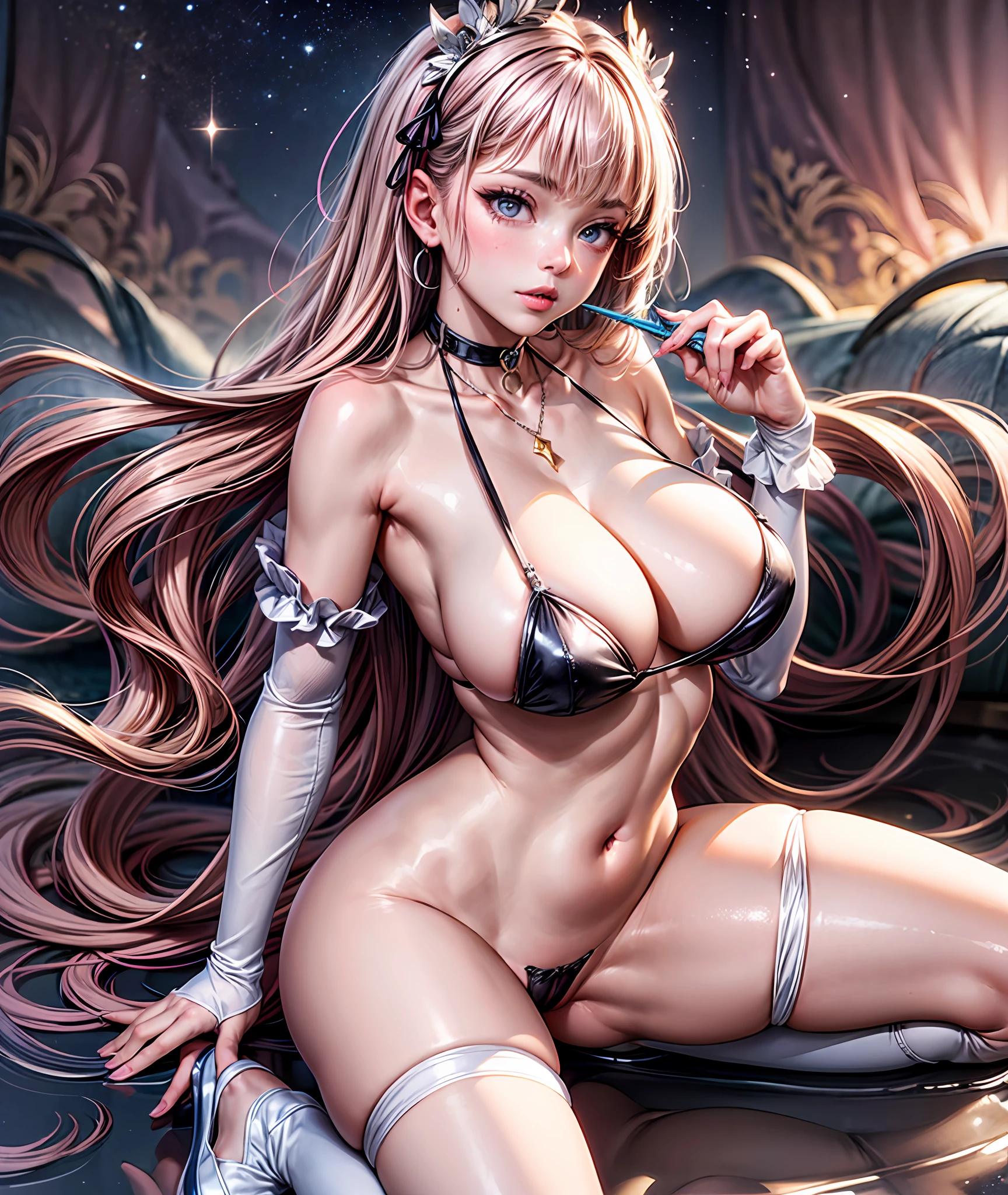 (8K,tmasterpiece,top Quority,realisticlying),(Hyper-detailing,artwork of a,Ultra-clear,Whole body diagram),(serious:1.1),((Long pink wavy hair):1.3,beatiful detailed eyes,Perfect proportions,eyes with brightness,Light makeup,choker necklace,ear jewelry,Pink and moist lips),1. Sexy age,Hilltop Villa,Beautiful starry sky,Lake water,magical littte dress with white high-heeled boots,Pink magic wand magic wand,Brilliant streamers,Magic Array,Elegant and beautiful hairpins,Pink wavy curls,gigantic cleavage breasts,Fitness buttocks,Slender beautiful legs,Stretch meat,Fair and moisturized skin,(The atmosphere is ambiguous,misty background,a fairy world:1.2)