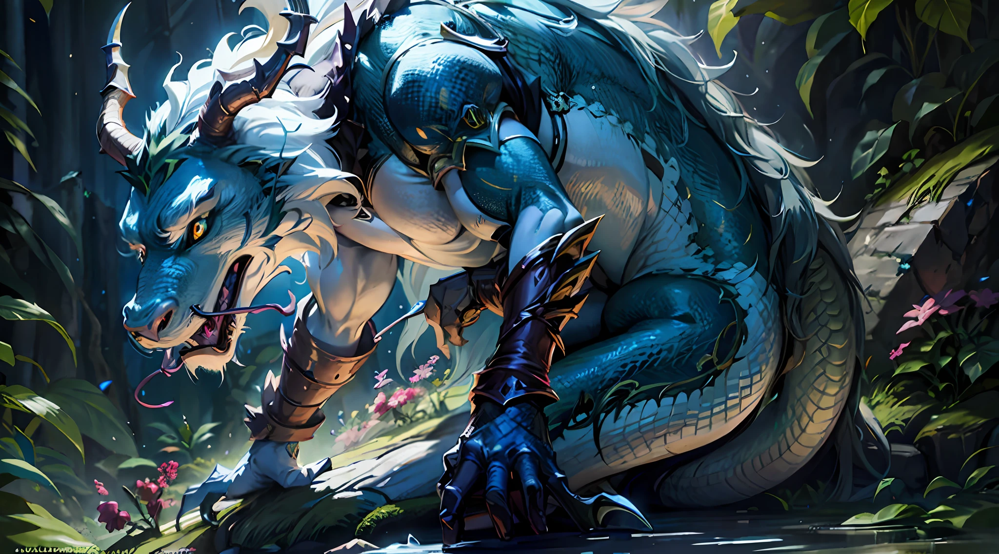 There was a dragon sitting on a stone in the woods, Splash Art, wlop rossdraws, Detailed digital 2D fantasy art, league of legends character art, league of legends splashart, 2. 5 D CGI anime fantasy artwork, wlop and rossdraws, league of legends splashart, from league of legends, anthro dragon art