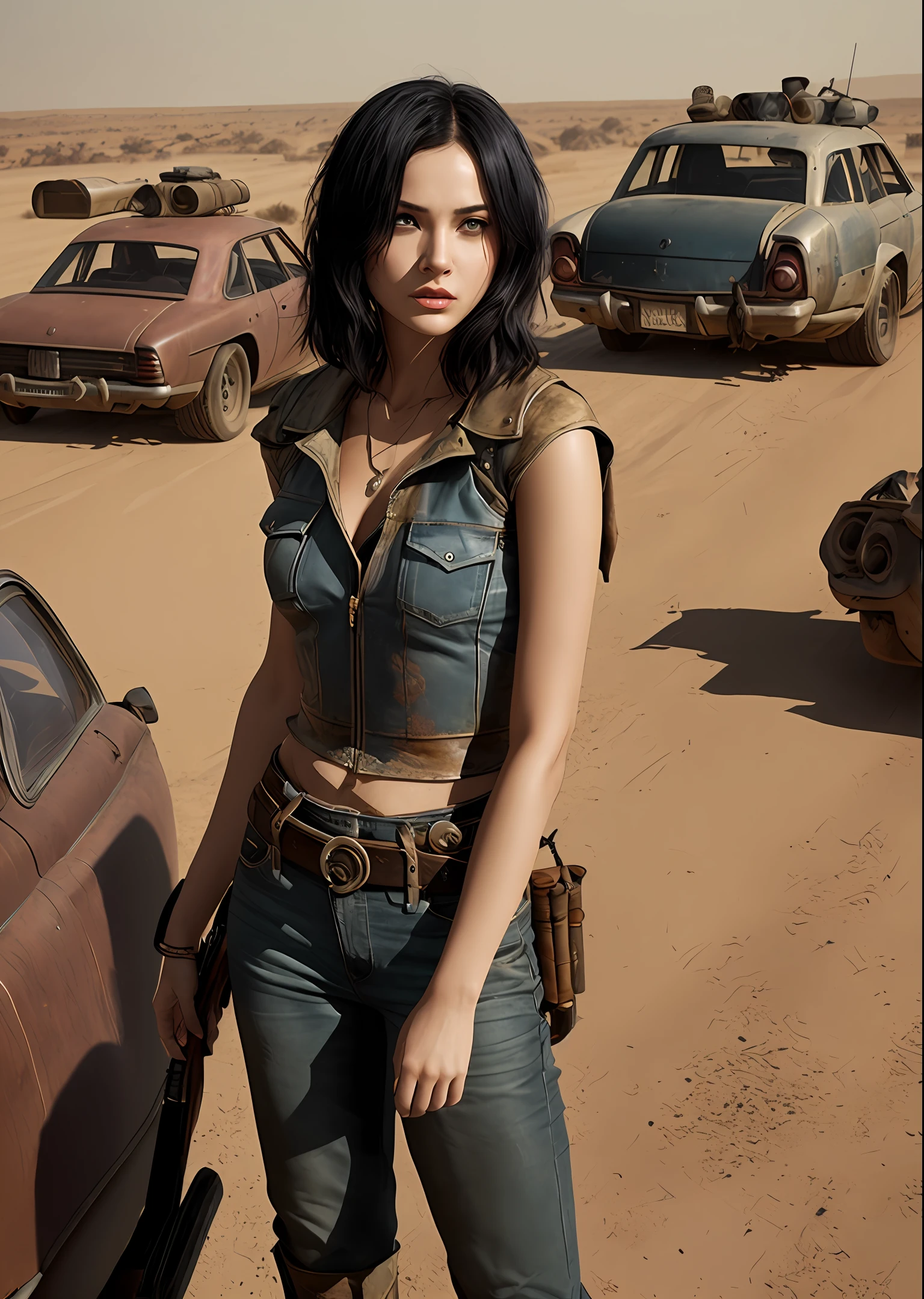 high-level image quality、wasteland、The world of Mad Max、1 female、Leather Jean、Hold your shotgun、Short black hair、Lunette de soleil、