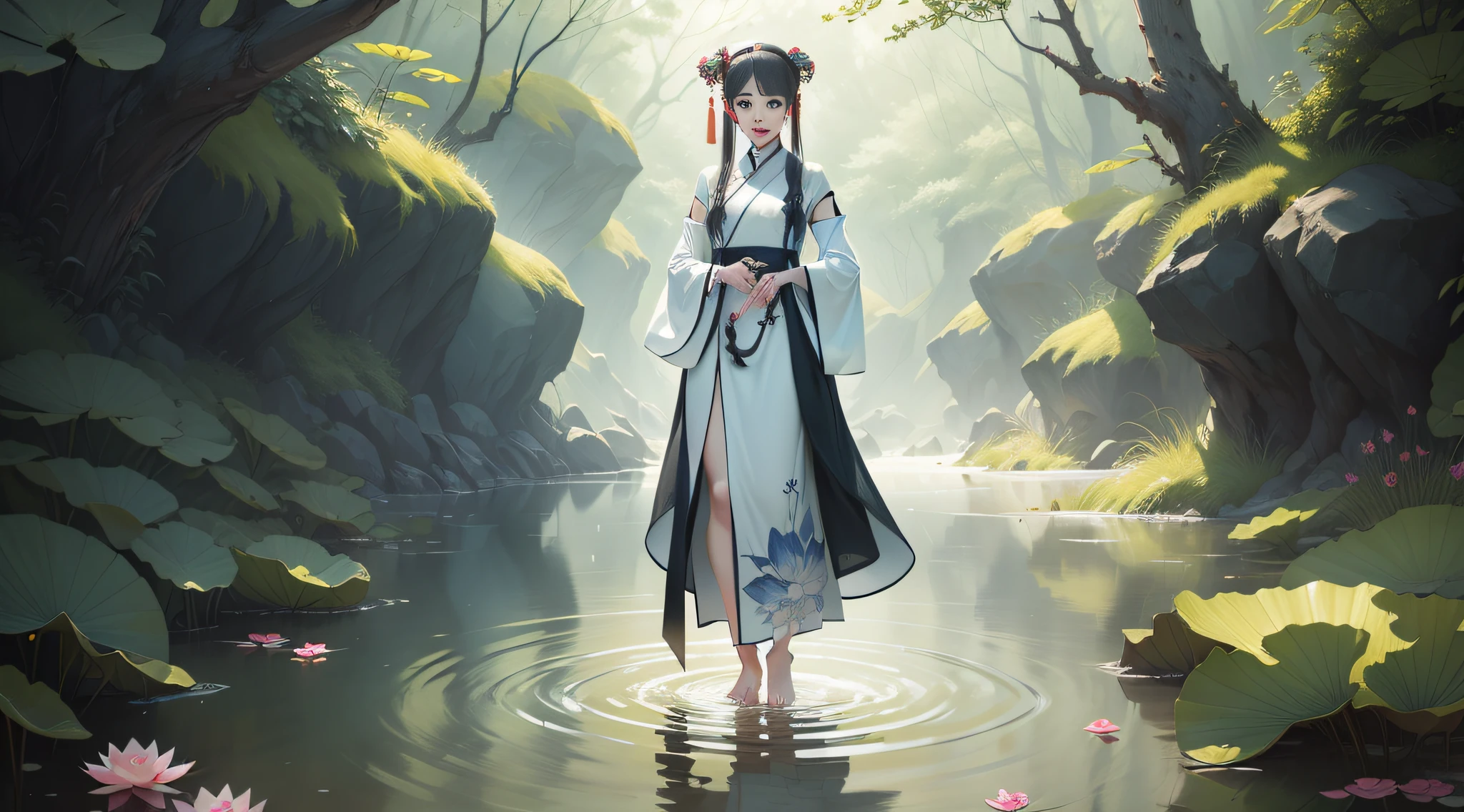 ((4k,masterpiece,best quality)), shuimobysim, traditional chinese ink painting, lotus, hanfu, maxiskit, dress conservatively 1girl, solo, long blue hair, smile, standing, feet in the water, barefoot,