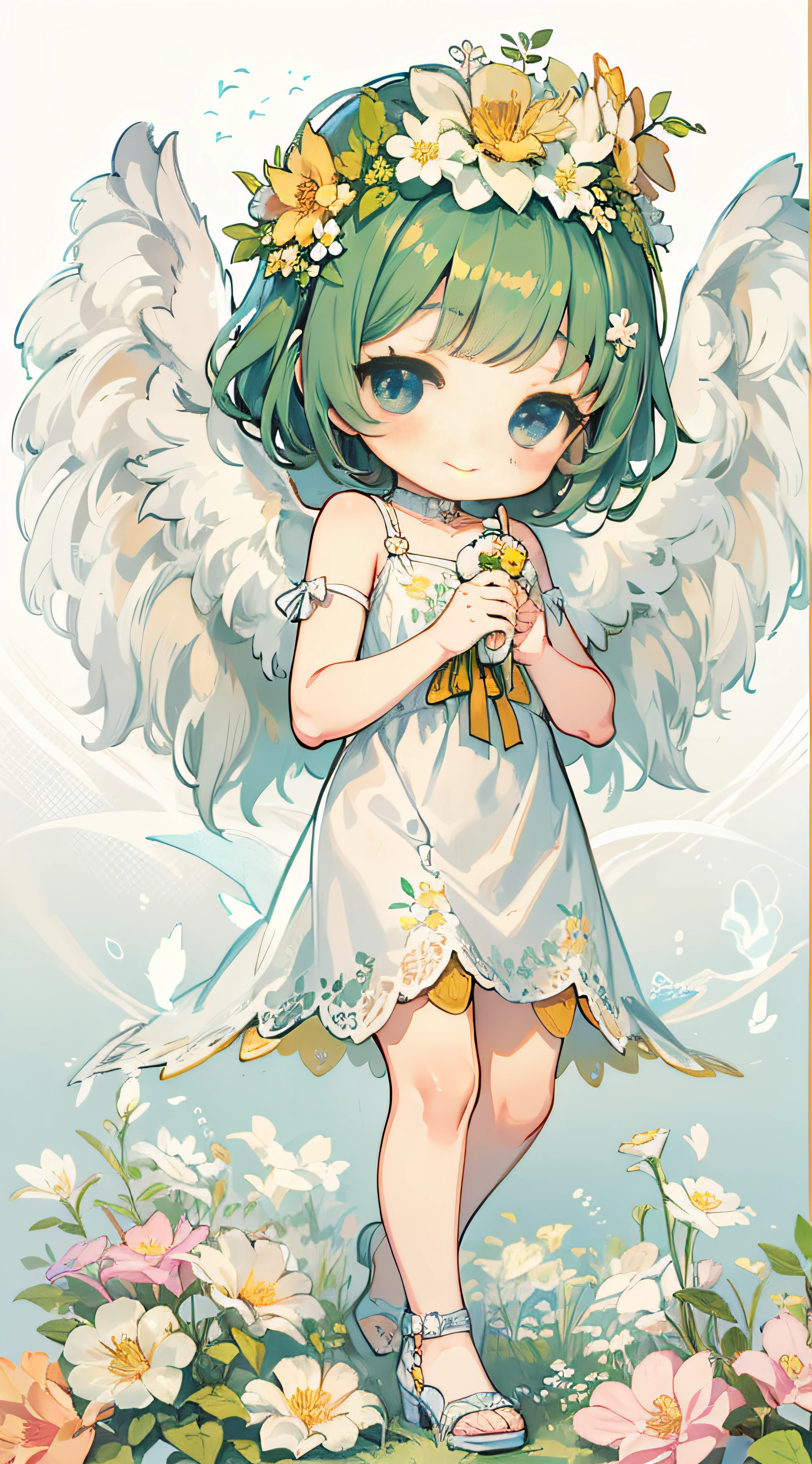 Little Angel, estilo chibi, With angel wings, Gentle smile, holding a flower, Vintage Long Colorful Dresses, On a plain white background, Show full body