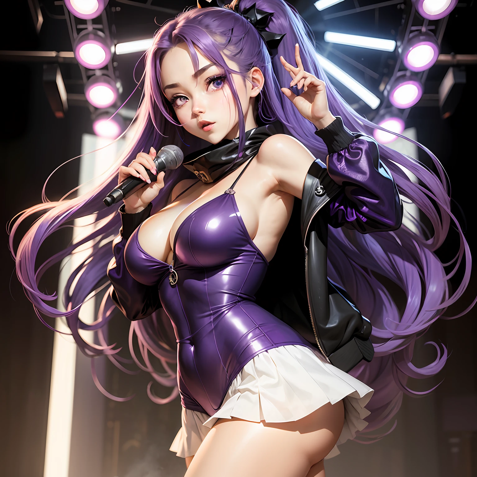 animemanga girl,Purple star eyes,Long loose purple hair,Microphone in hand,Close one eye,cute big breasts,jk --auto