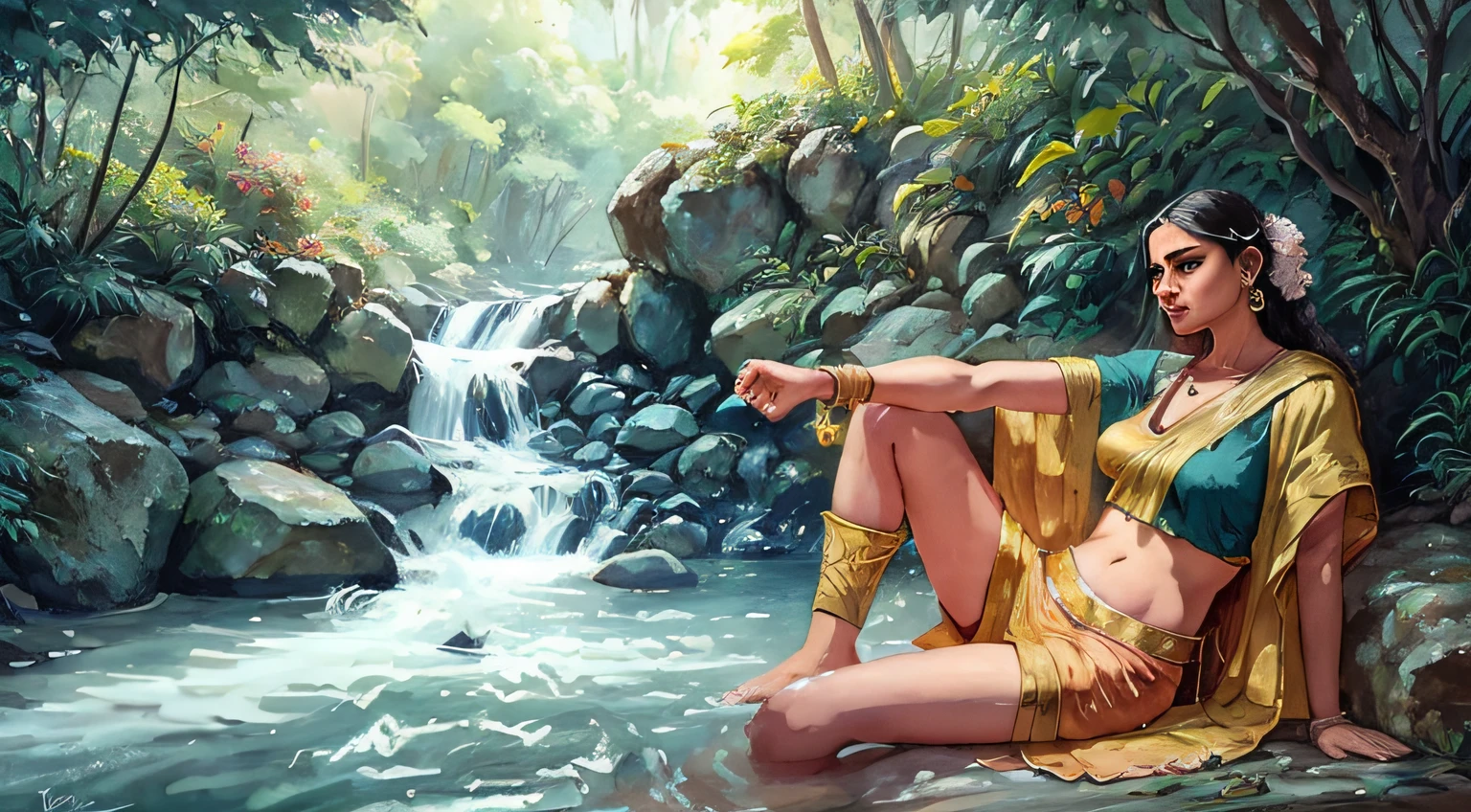 Reclining Nair Lady by artist Raja Ravi Varma, Realistic, 8K, ultra-detailed, Unreal Engine, midjourney art style
