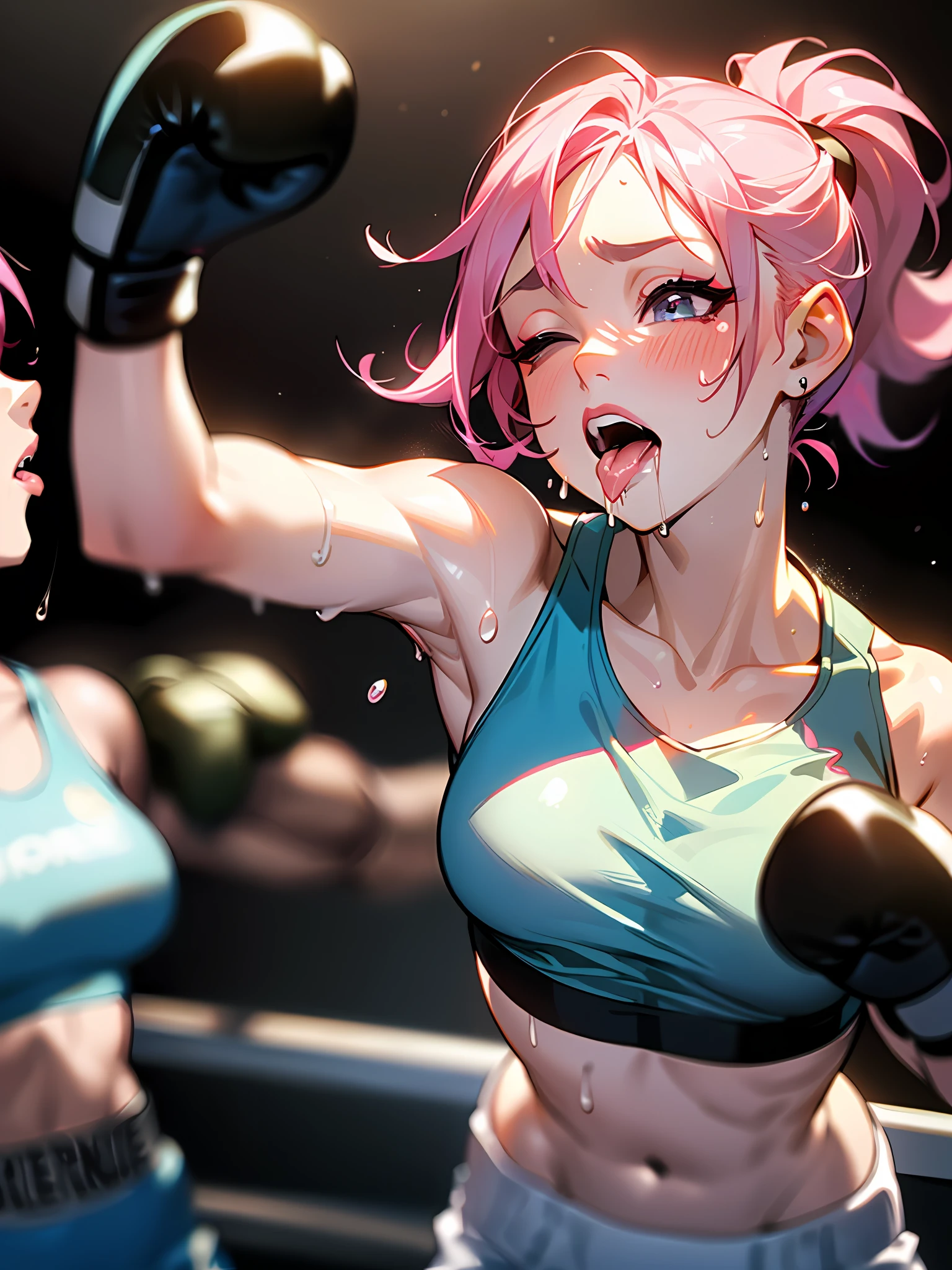 Female Boxers、Pink hair、Cornrow Hair、sexy lip、Fancy makeup、Sportsbra、((Face turned to the side))、((syncope))、((Both eyes are closed))、Image from chest to top、((White Boxing Gloves))、Sweat and saliva all over the body、Splattering sweat、Face distorted by pain、Mouth open、During a women's boxing match、