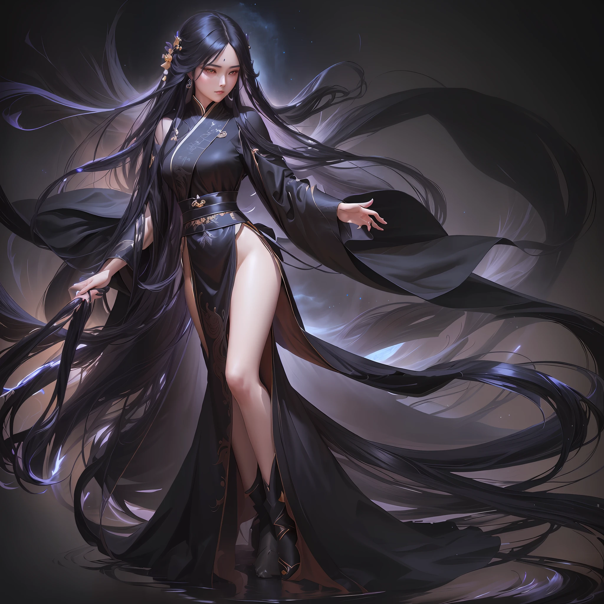 Anime girl posing with long black hair and black dress, dark flowing robe, flowing hair and long robes, flowing magical robe, full-body xianxia, dark witch character, by Yang J, trending on cgstation, Flowing robes, flowing robe, Inspired by Ai Xuan, Anime girl wearing black dress, beautiful female witch, epic exquisite character art