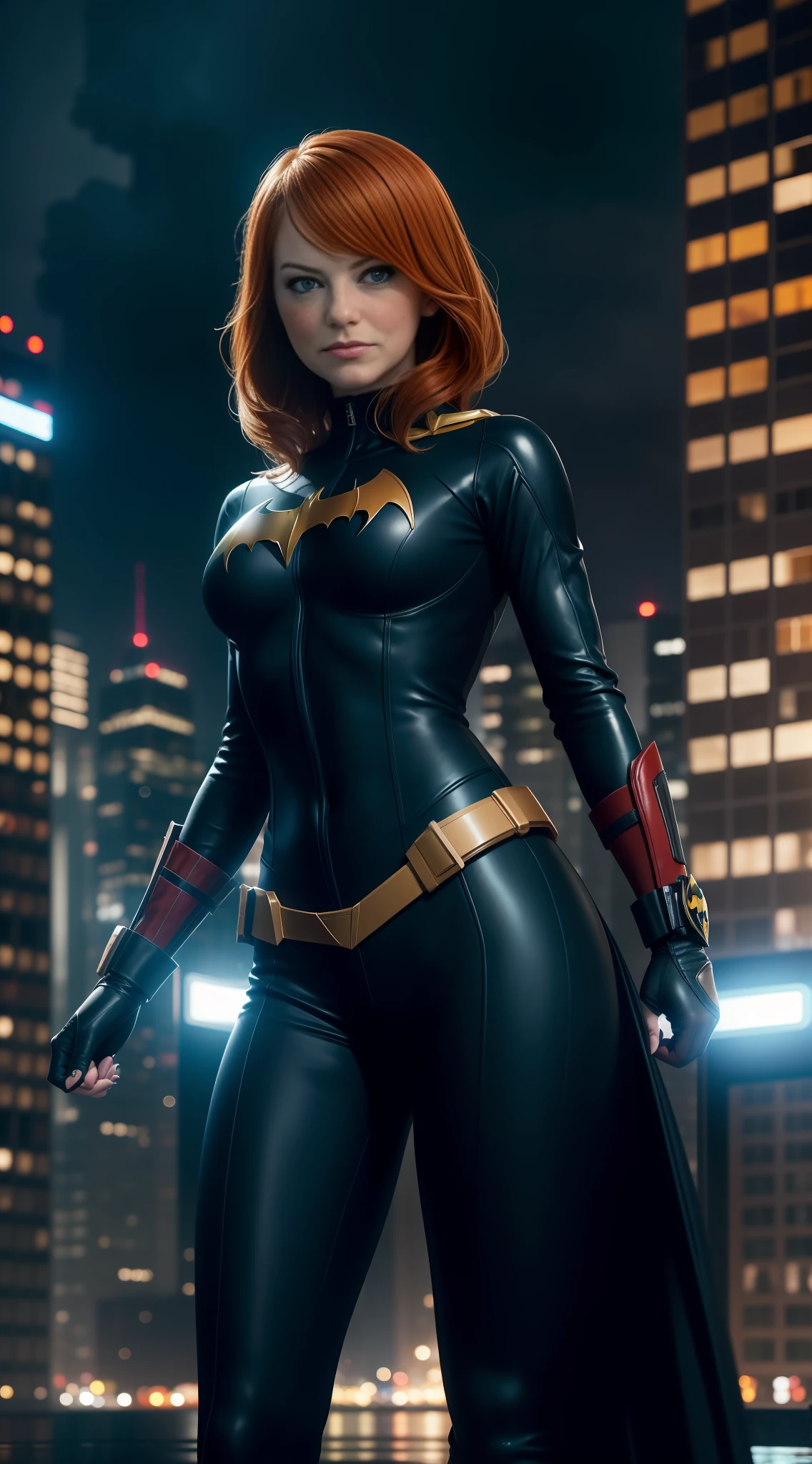 Emma Stone, beauty, Batgirl clothes, Batgirl cosplay, full body photo, prominent figure, standing on the edge of a skyscraper, night, photo (Masterpiece) (Best quality) (Detail) (8K) (HD) (Wallpaper) (Cinematic lighting) (Sharp focus) (Intricate), sexy, rain, wet, lightning, wind effect, best quality, ultra high resolution, photorealistic, full body portrait, incredibly beautiful,  dynamic poses,