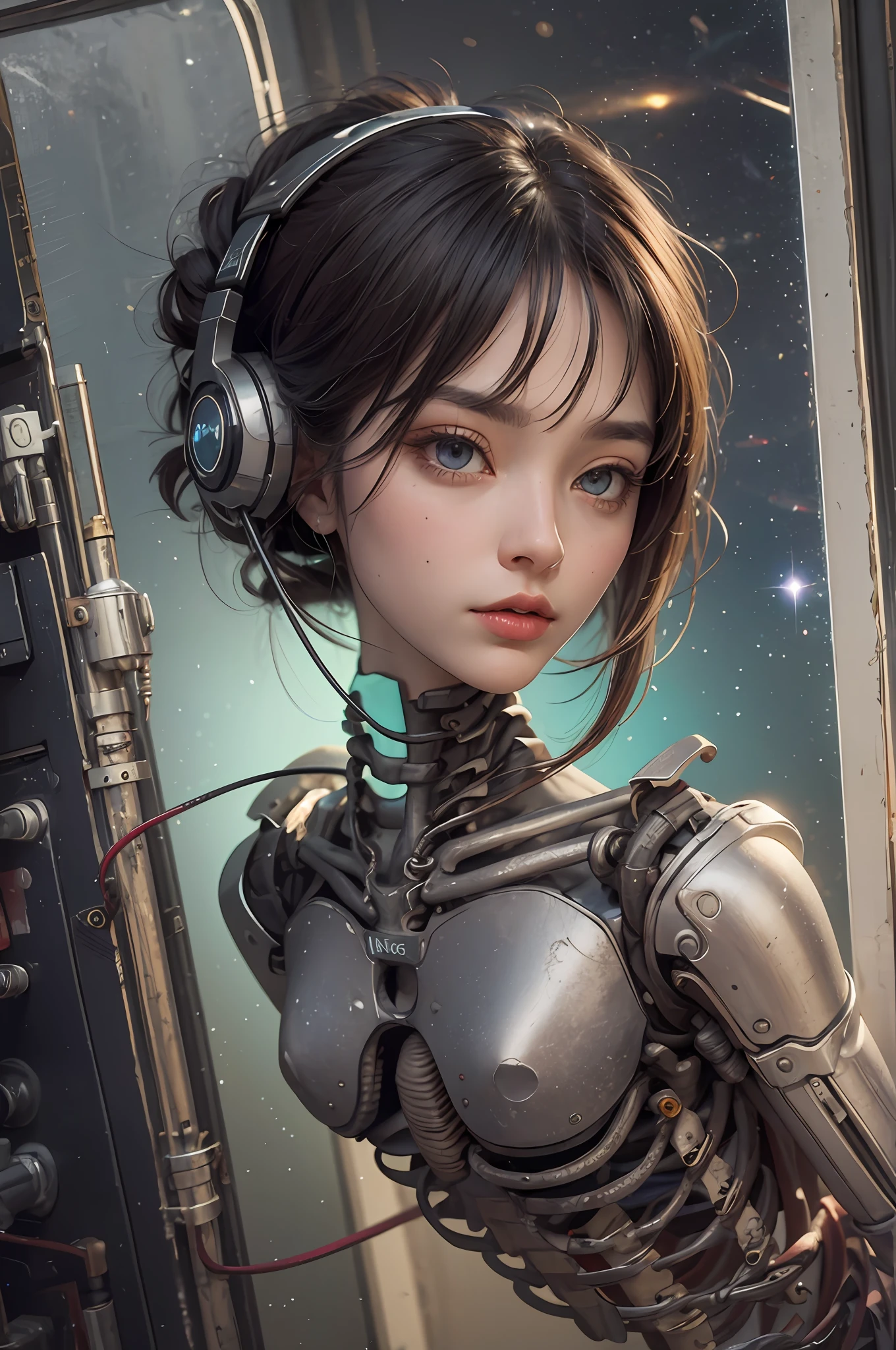 (Top image quality，A masterpiece of unparalleled detail,Cinematic texture): droid,((largeeyes:1.1, There is compassion in the deep eyes:1.4, Mechanical skeleton), (Red vibe:1.2, Furry ripples connected by wires:1.2, Abrasion texture:0.9))，Floating in space，The body is like a hollow，Look out the window，Aesthetics。