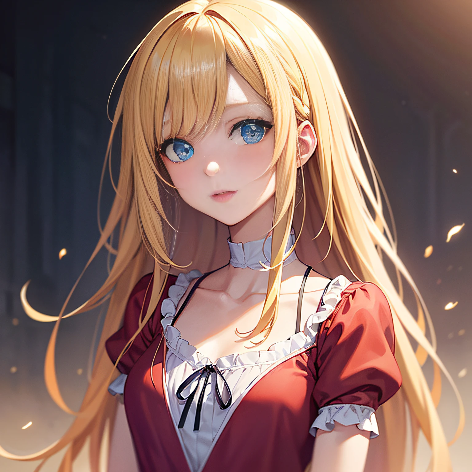 Blonde hair girl with blue eyes and red ribbon in hair, Beautiful Anime Portrait, Stunning anime face portrait, photorealistic anime girl render, Portrait Anime Girl, detailed portrait of an anime girl, portrait of cute anime girlbabes, Detailed Digital Anime Art, portrait of cute anime girlbabes, blonde anime girl with long hair, realistic young anime girl, portrait of cute anime girlbabes, Beautiful anime girl