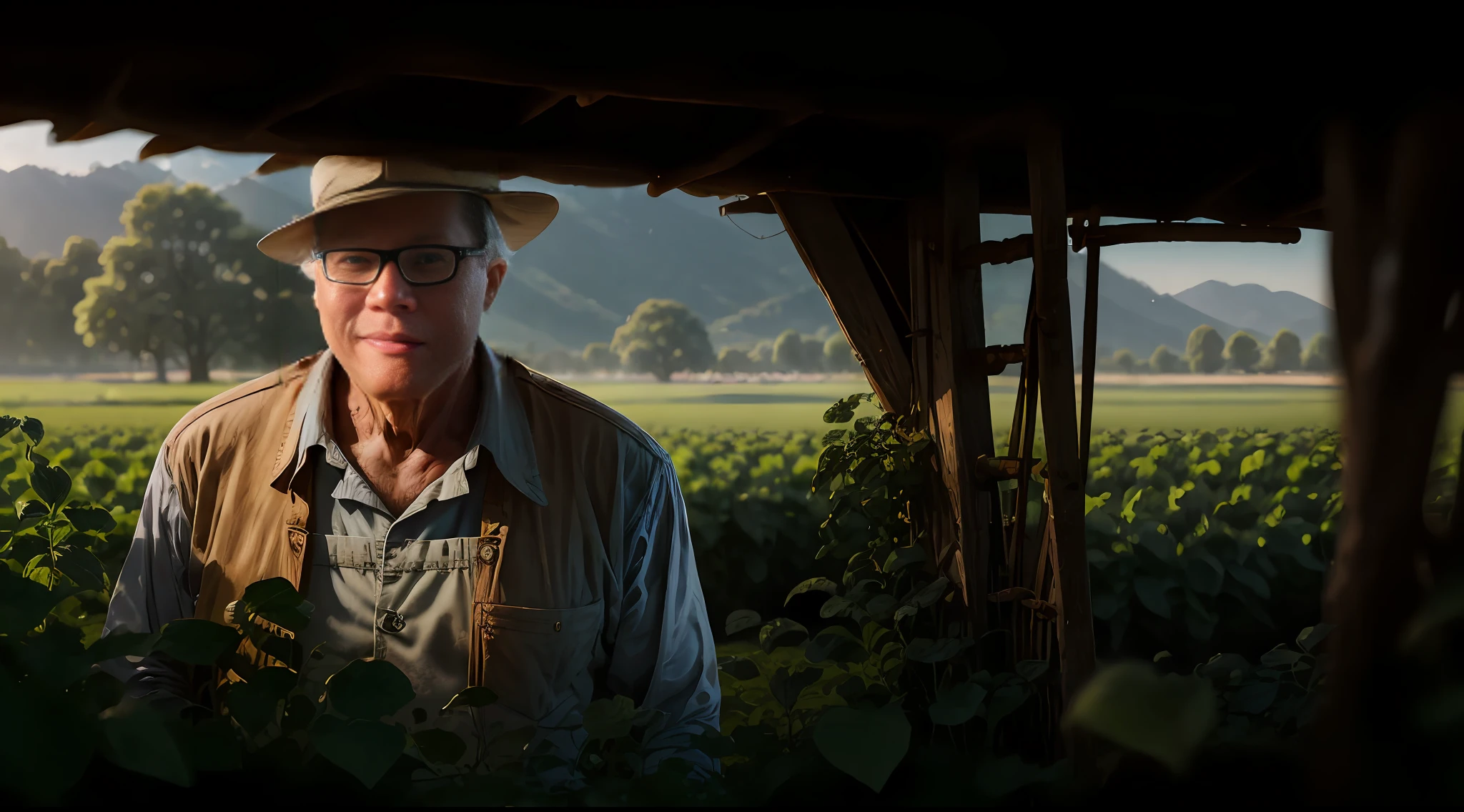 "((1.2: 'Character Introduction Diagram'), ('Renaissance' period) Smiling farmer in the field,The picture is beautiful in high definition。) A old man",Cap lens,High Picture Quality。 --auto