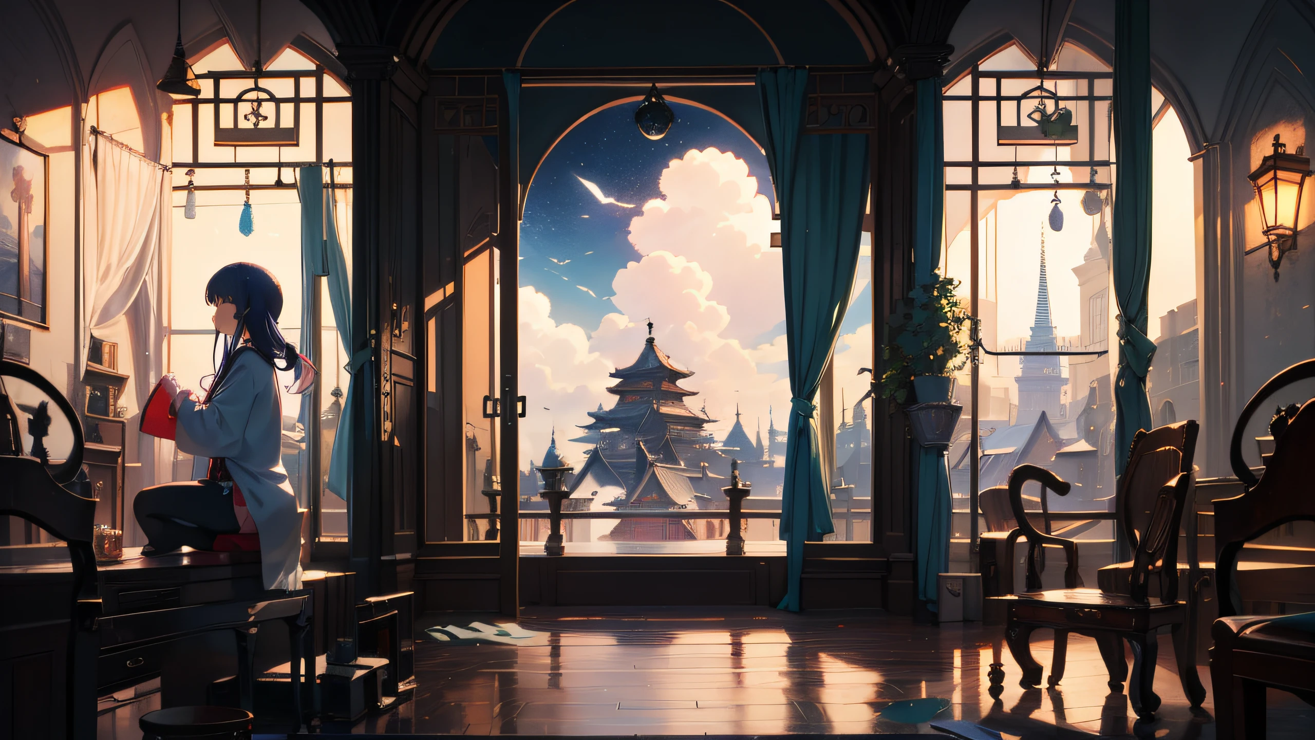 anime scenery of a room with a large window and a bench, anime background art, anime background, japanese art style, scenery artwork, beautiful aesthetic art, beautiful anime scene, anime aesthetic, stunning art style, anime beautiful peace scene, ross tran. scenic background, relaxing concept art, background art, interior background art, anime scenery concept art, anime scenery