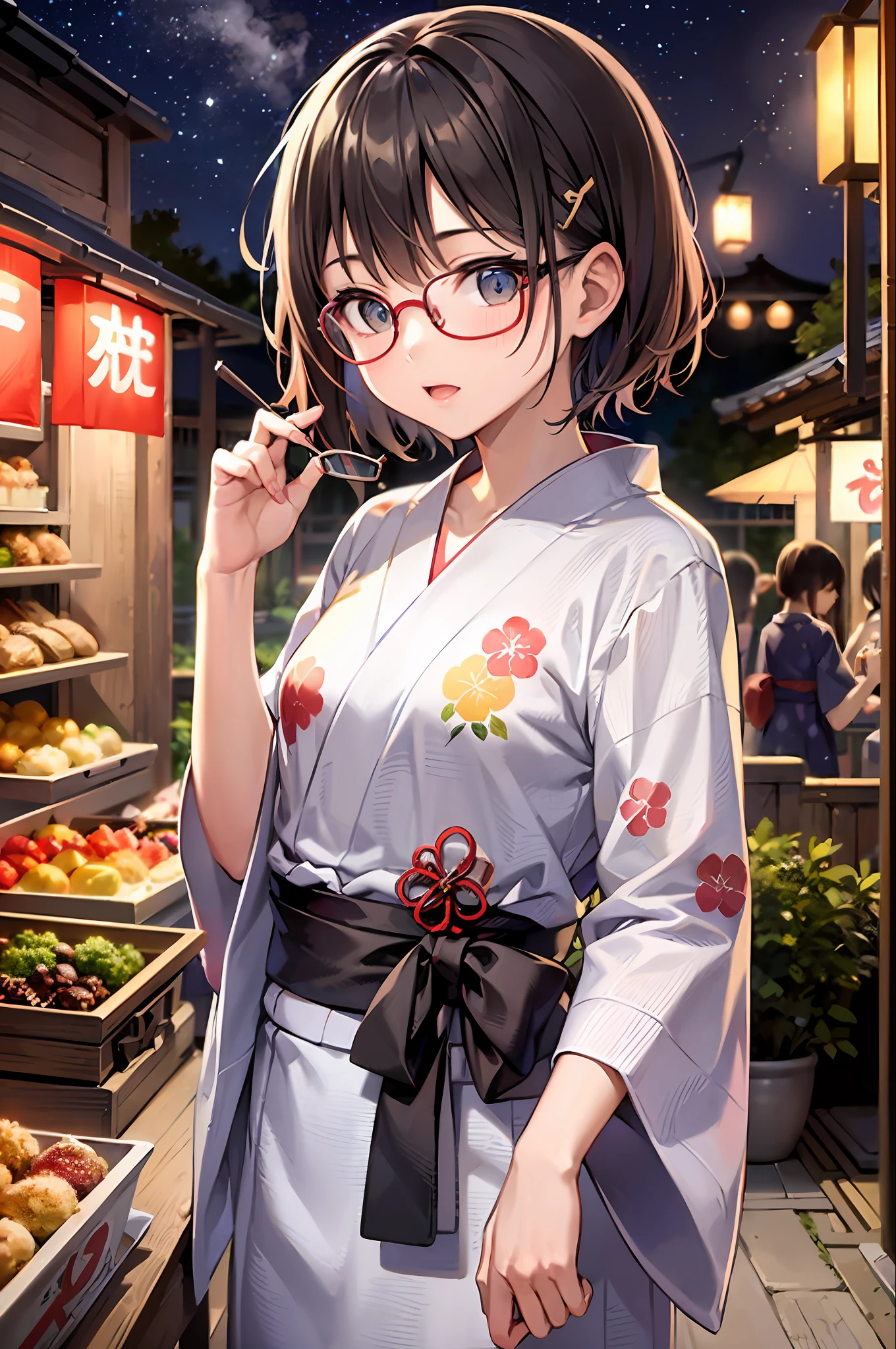 (top-quality、超A high resolution、13yo girl、Short hair、A dark-haired、hair adornments、eye glasses、small tits)、Japanese Yukata、outside of house、Night festival、food stand
