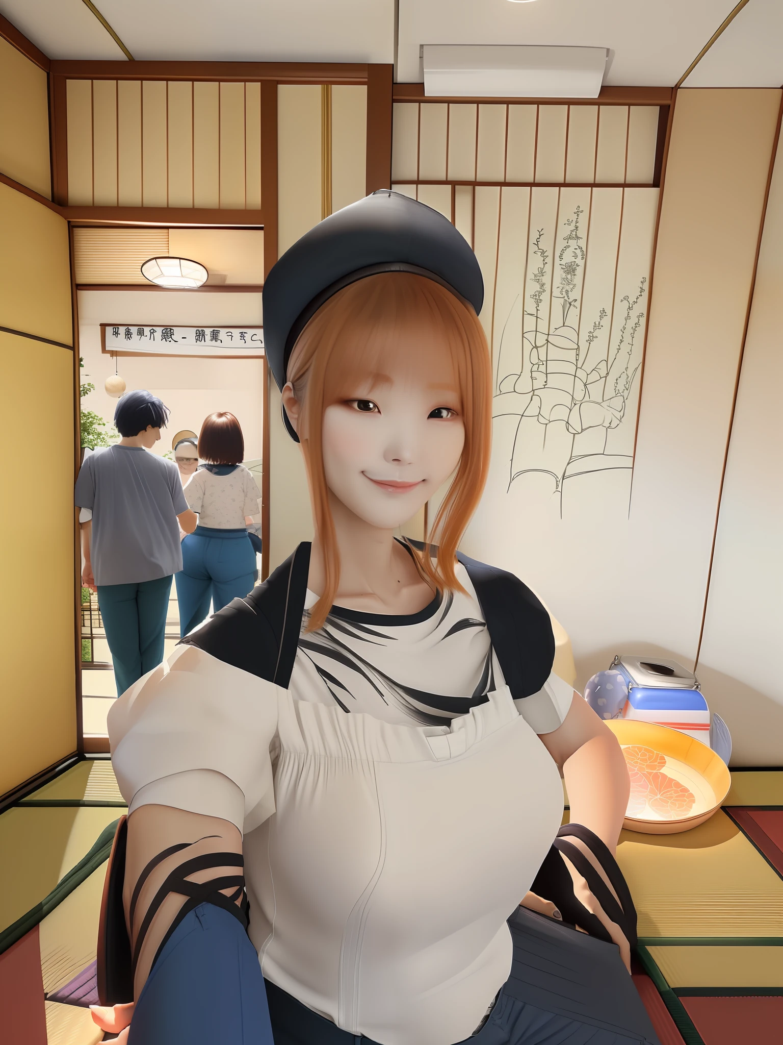 ((best qualtiy, 8k, tmasterpiece:1.3)), (Japanese Cap:1.3),Focus:1.2, perfect figure beautiful woman:1.4, Cocked buttocks:1.2, ((Cut hair in layers:1.2)), , (dark Street:1.3), Highly detailed facial and skin texture, A detailed eye, 二重まぶた，,(with a round face:1.5),(short- sleeved,shorter pants:1.6)