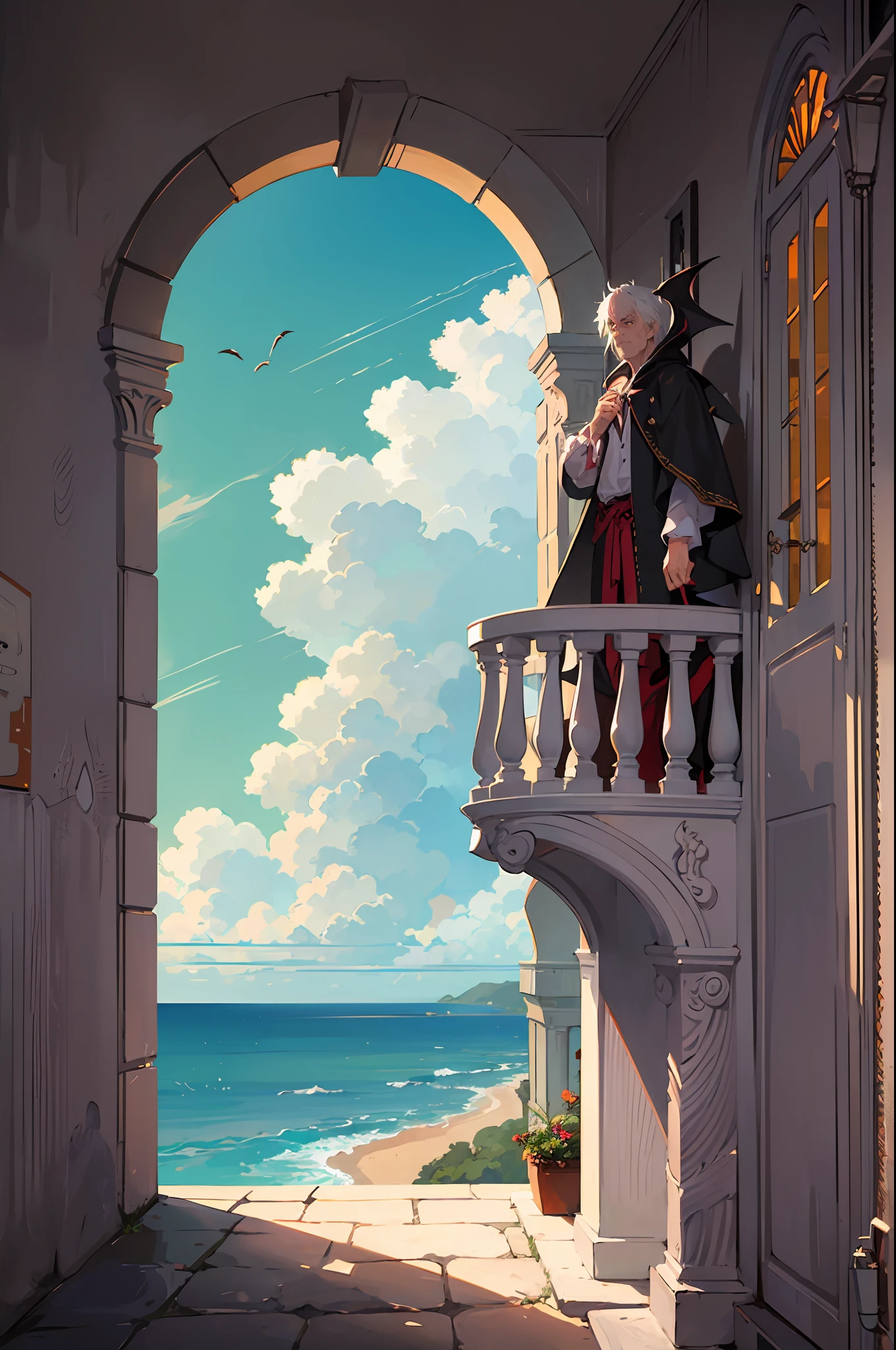 old grumpy vampire standing on a balcony looking out over the sea --auto --s2