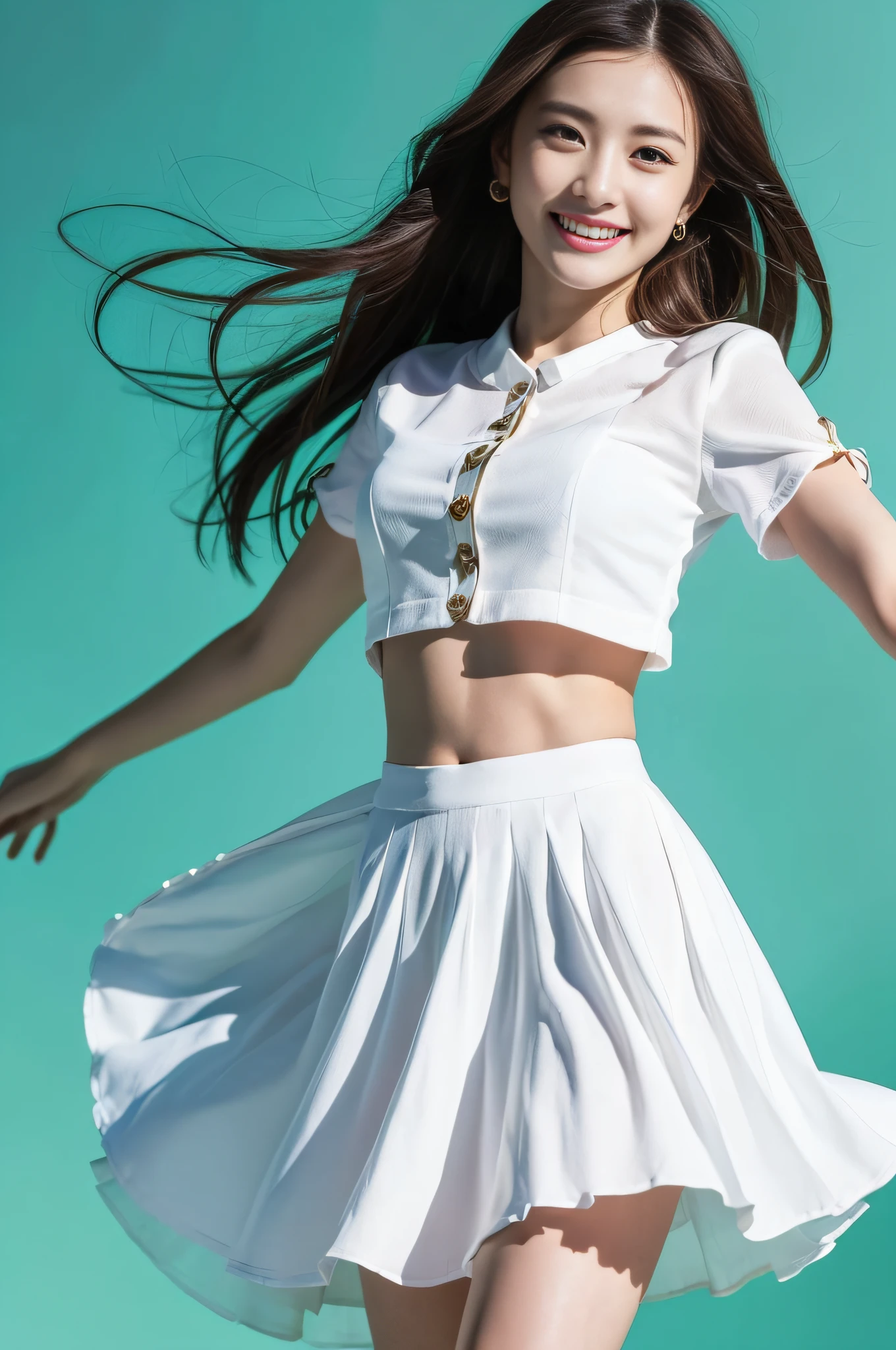 1girl, ((top quality, 8k, masterpiece: 1.3)), Japanese cool beauty, empty blue background: 1.8, white blouse and skirt, smile, jumping